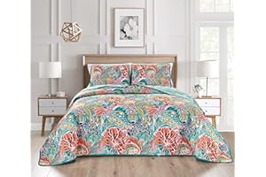 GRANDLINEN 3-Piece Fine Printed Oversize (115" X 95") Vibrant and Bright Bohemian Quilt Set Reversible Bedspread Coverlet King Size Bed Cover (Turquoise, Blue, Orange Boho, Multi Floral)