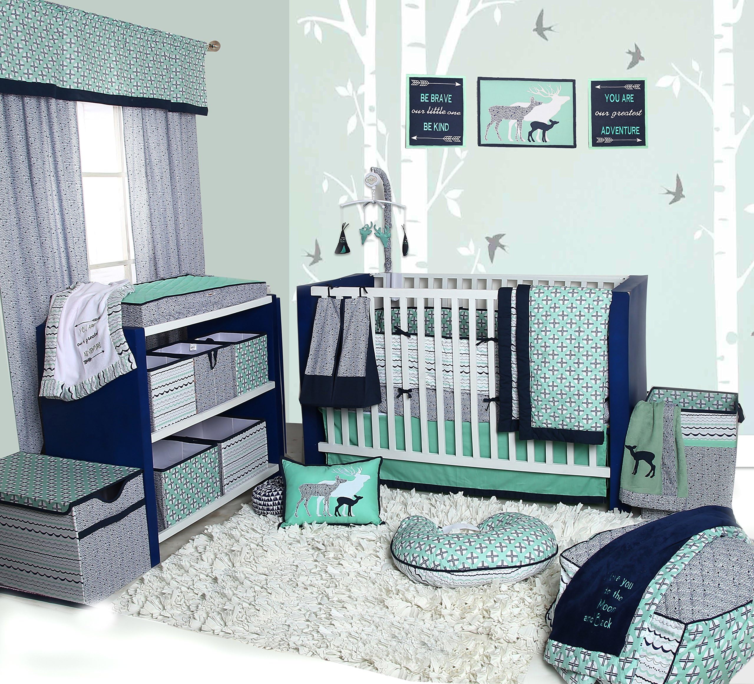 Bacati Tribal 10-Piece Nursery-in-a-Bag Crib Bedding Set with Bumper Pad, 100 Percent Cotton Percale Boys Crib Bedding Set with Bumper Pad for US Standard Cribs (Noah Mint/Navy)