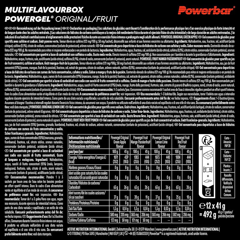 - PowerGel Multiflavour Box - 12x41g - Gel energetico ad alto contenuto di carboidrati - Sodio