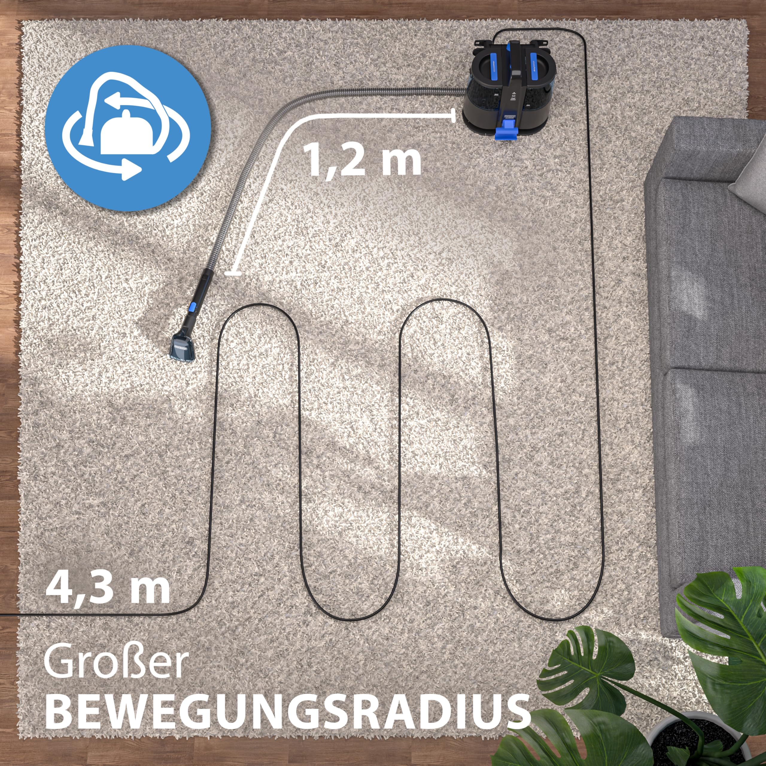 MONZANA® Polsterreiniger Gerät Waschsauger mit 2-in-1 Bürstenaufsatz für Teppiche & Polster 1,2 m Schlauch & 5,5 m Reichweite Nasssauger Teppichreiniger Haushalt 3