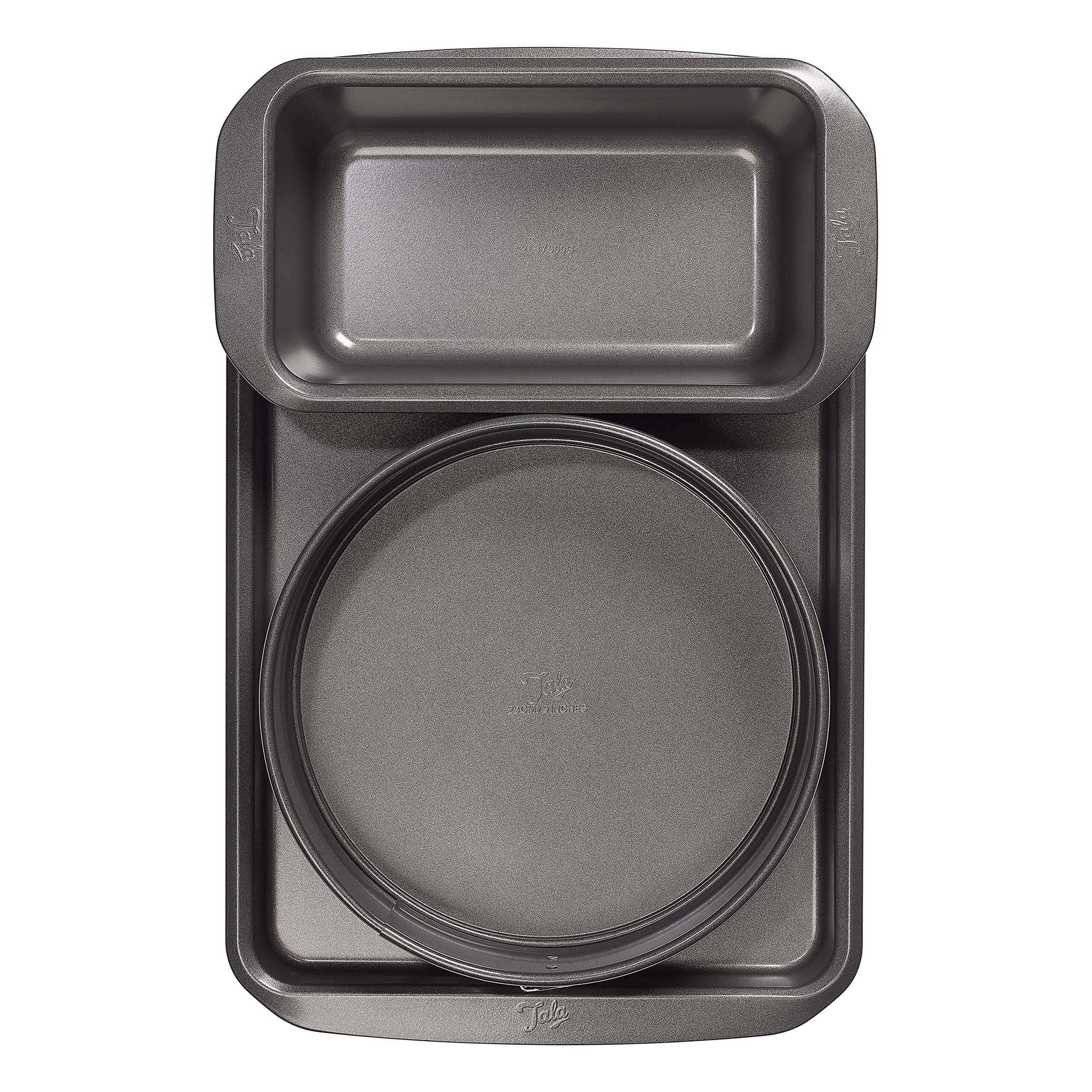 Tala 10A11621 Essential Non-Stick Baking Set - Includes 20 cm Springform Cake Tin, 2 lb Loaf Tin and Baking Tray - Carbon Steel, Wide Flat Handles, Dishwasher and Freezer Safe Cake Tins, Grey