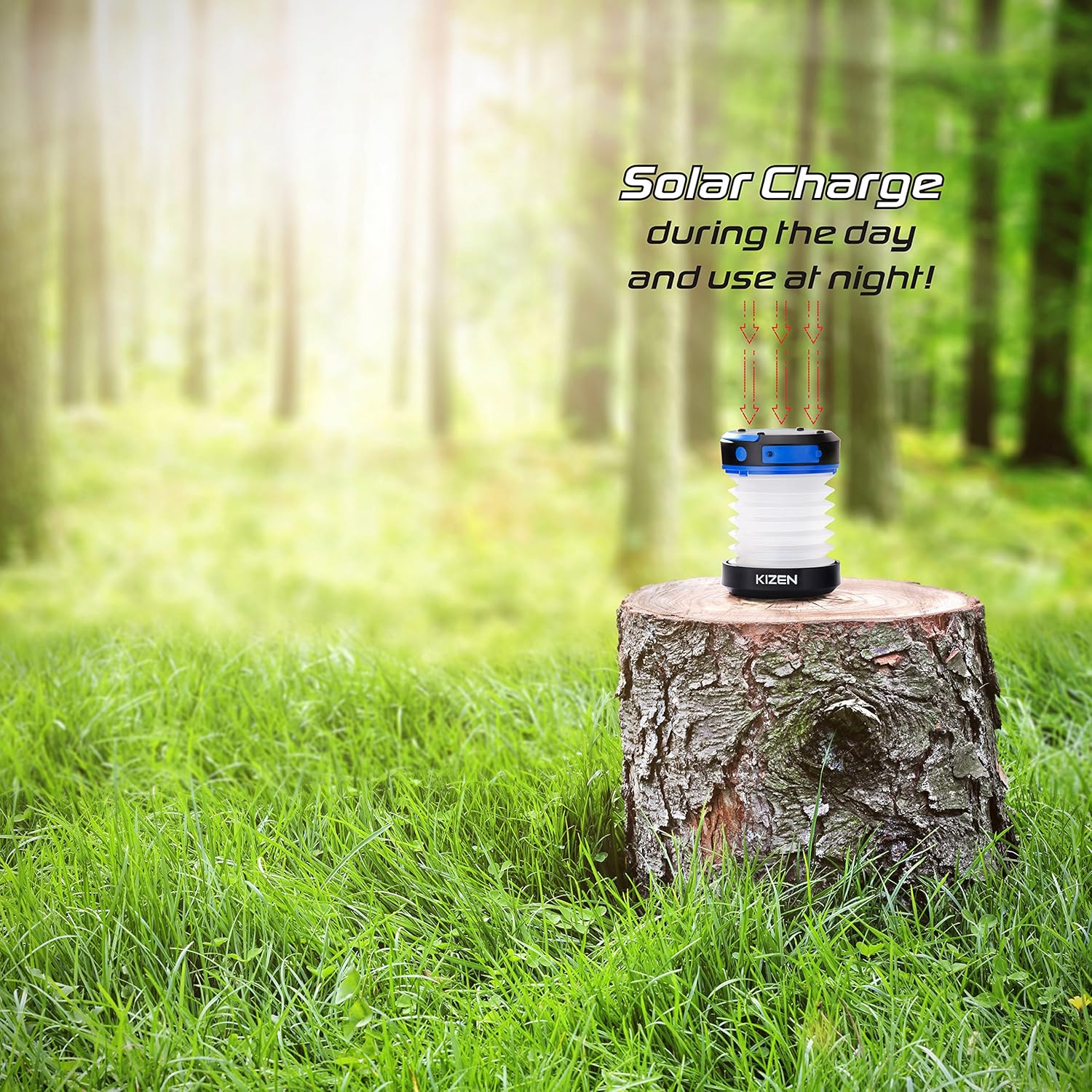 Kizen Solar Powered LED Camping Lantern - Solar or USB Chargeable, Collapsible Space Saving Design, Emergency Power Bank, Flashlight, Water Resistant. for Outdoor Night Hiking Camping Lawn!: Sports & Outdoors