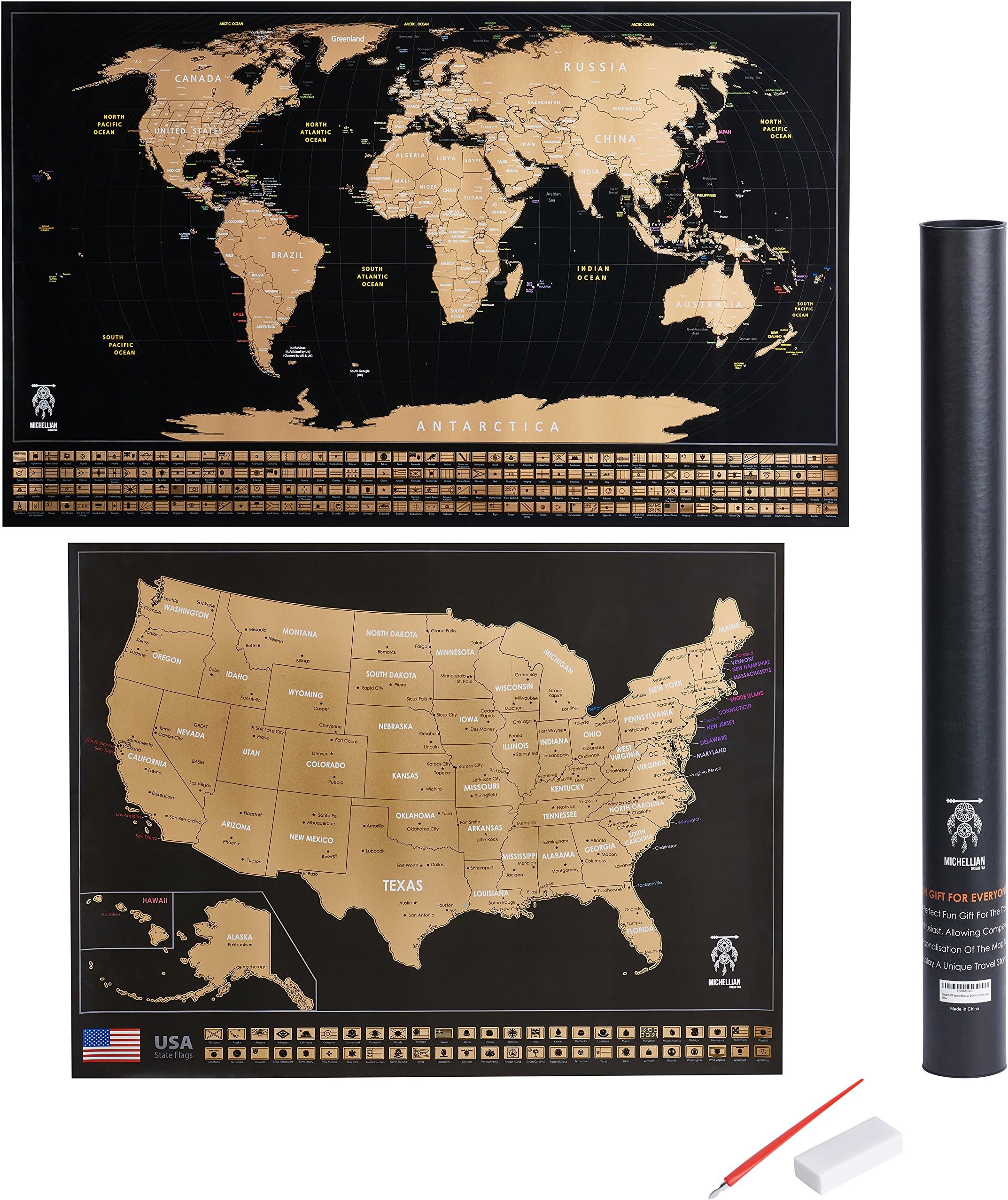 Large Scratch Off World Map Poster 32.5 x 23" w/ US States & Country Flags + BONUS Large USA Map and Ebook. Travel and Adventure Tracker. Incl. Scratcher and Eraser. Perfect Gift for Travelers