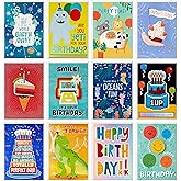 Hallmark Birthday Cards for Kids (12 Cards with Envelopes, Refill Pack Card Organizer Box) Dinosaur, Animals, Video Game, Birthday Boy, Birthday Girl