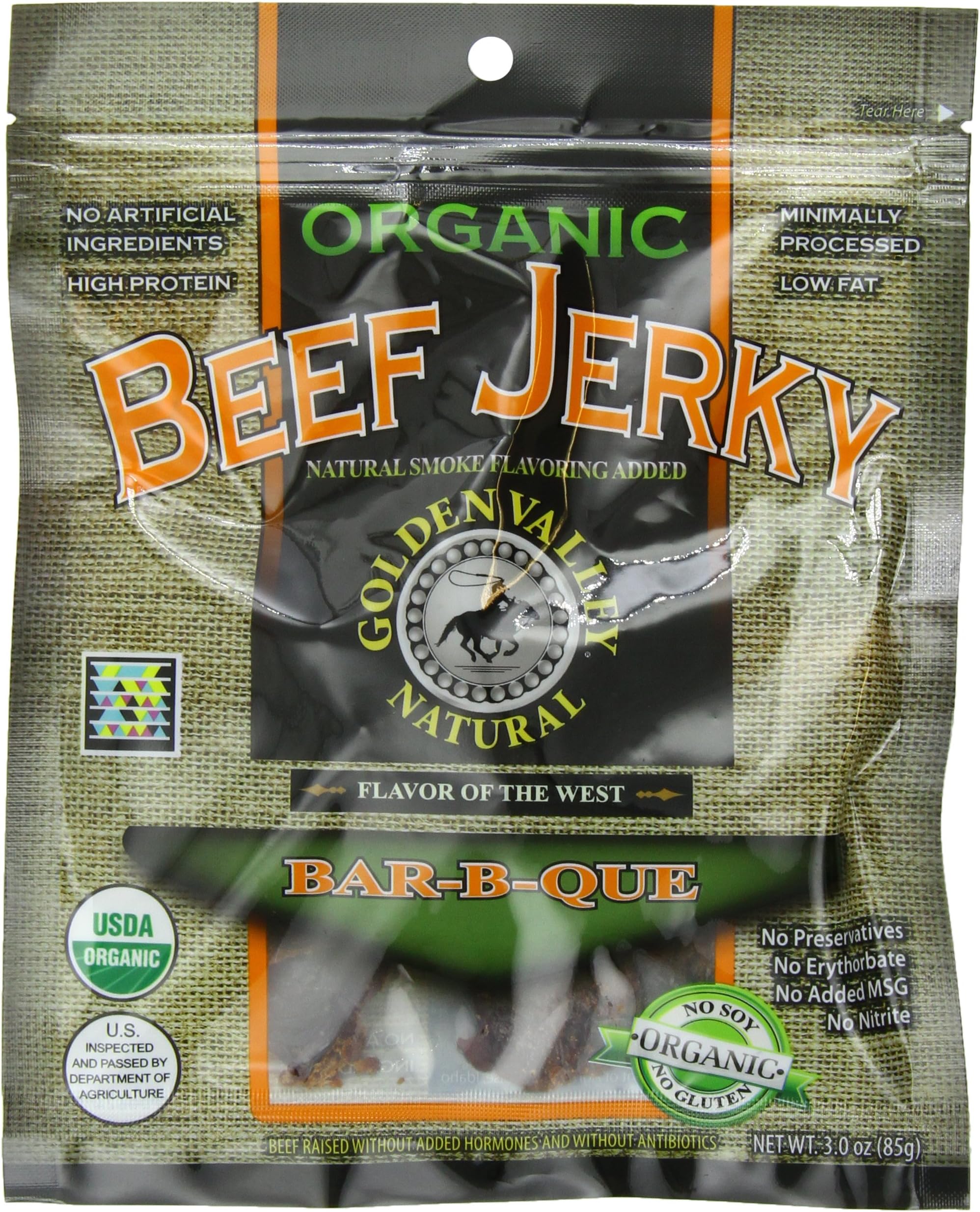 Golden Valley Natural Organic Beef Jerky, Bar-B-Que, 3-Ounce Pouches (Pack of 8)