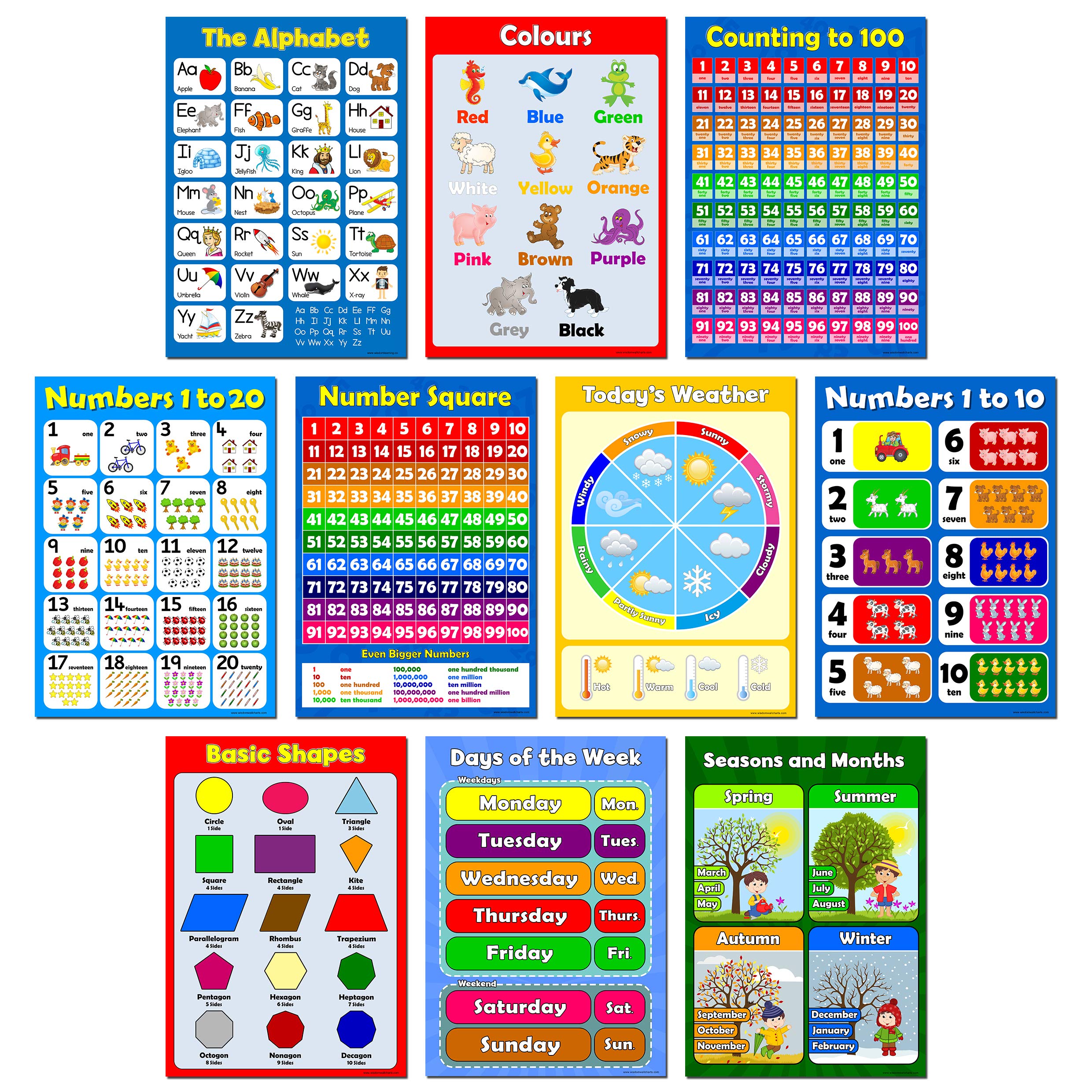PRESCHOOL EDUCATIONAL GLOSSY POSTERS for Kids, Toddler, Nursery, Kindergarten, Early Learning, Classroom Wall Chart Childrens Set Pack - Day care, Home school - Alphabet, Counting, Numbers