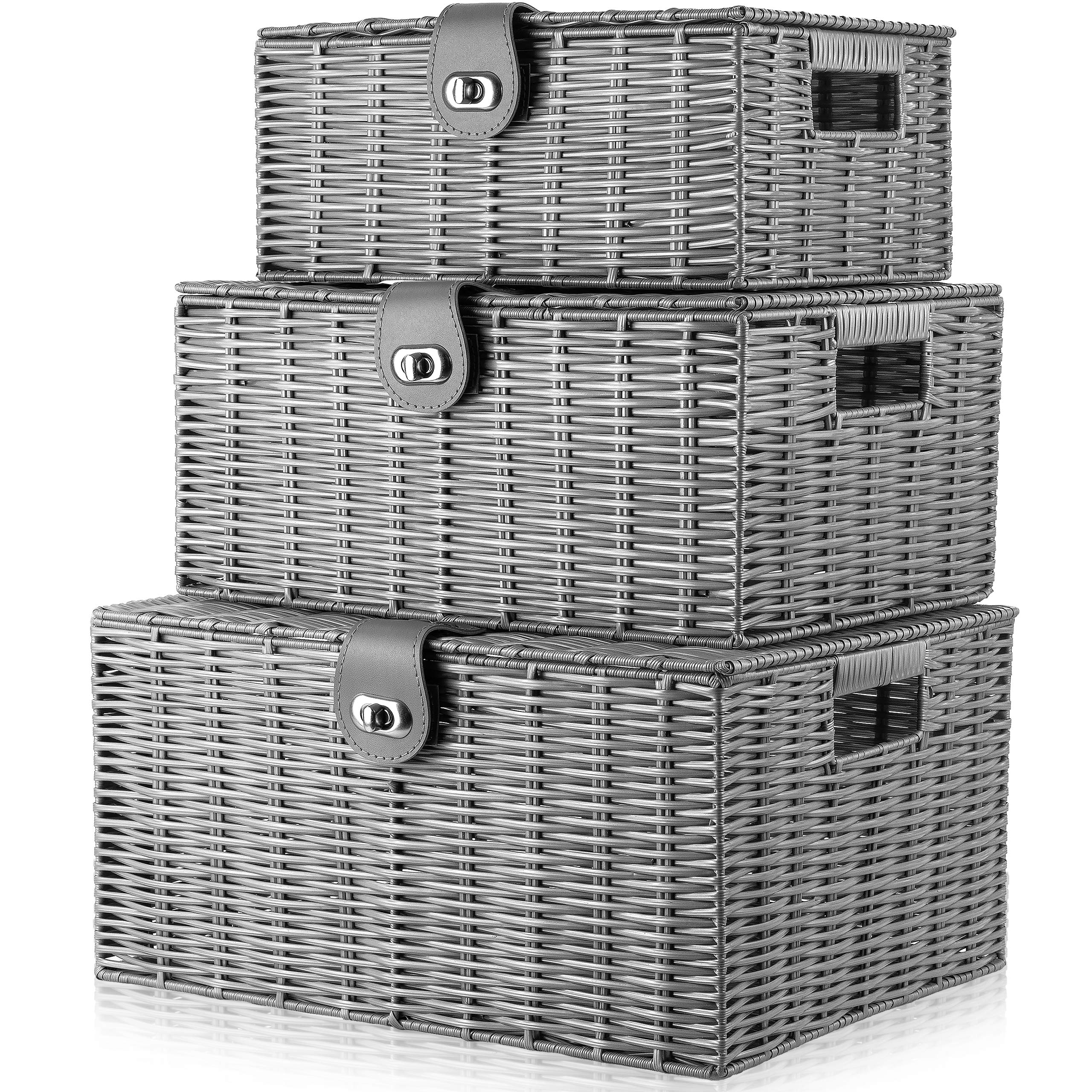 ARPAN Set of 3 Resin Woven Storage Basket Box With Lid & Lock Grey, Large, Medium, Small — image 1