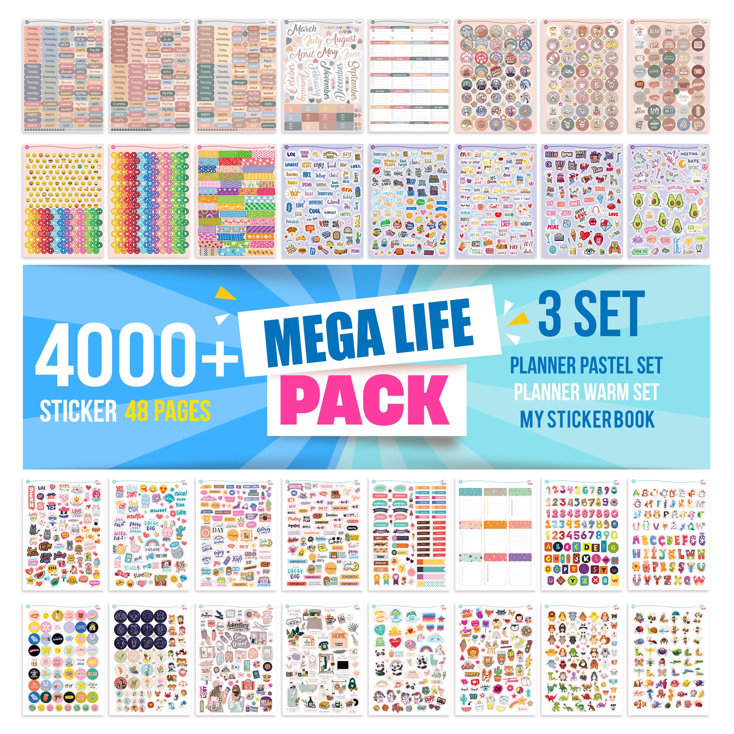 colortouch Planner Stickers Set - 4000+ Pcs - 48 Sheets Bullet Journal Stickers Set for Organizer Stickers Teachers, Students, Kids, Girls, Adults Stickers Pack - Cute Vintage Scrapbook Supplies