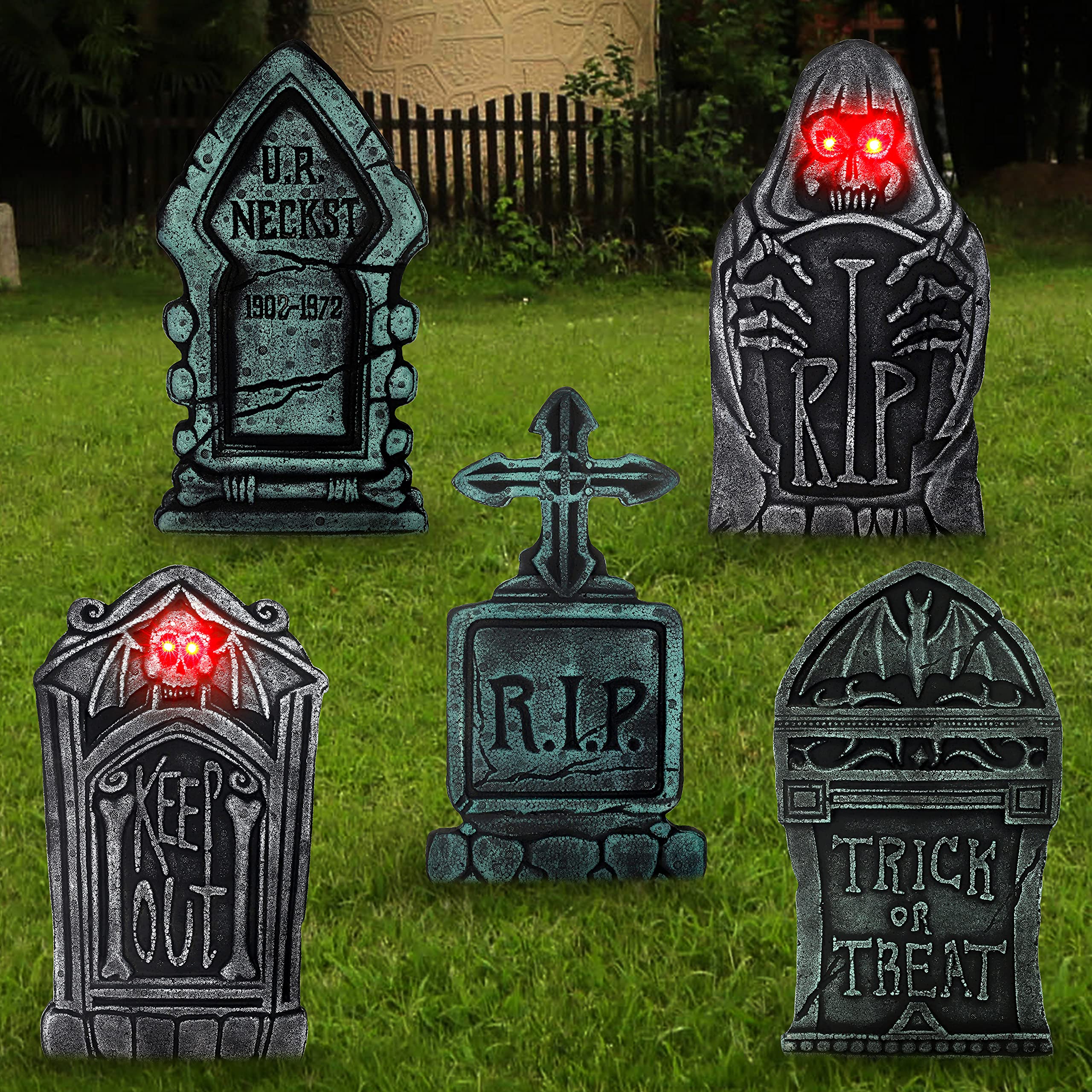 Photo 1 of JOYIN 5 Pack Halloween Graveyard Tombstone Decorations,Creepy Tombstone (2 with LED Lights) for Yard Sign Decoration Stakes, Outdoor Halloween Props, Halloween Lawn Yard Decorations
