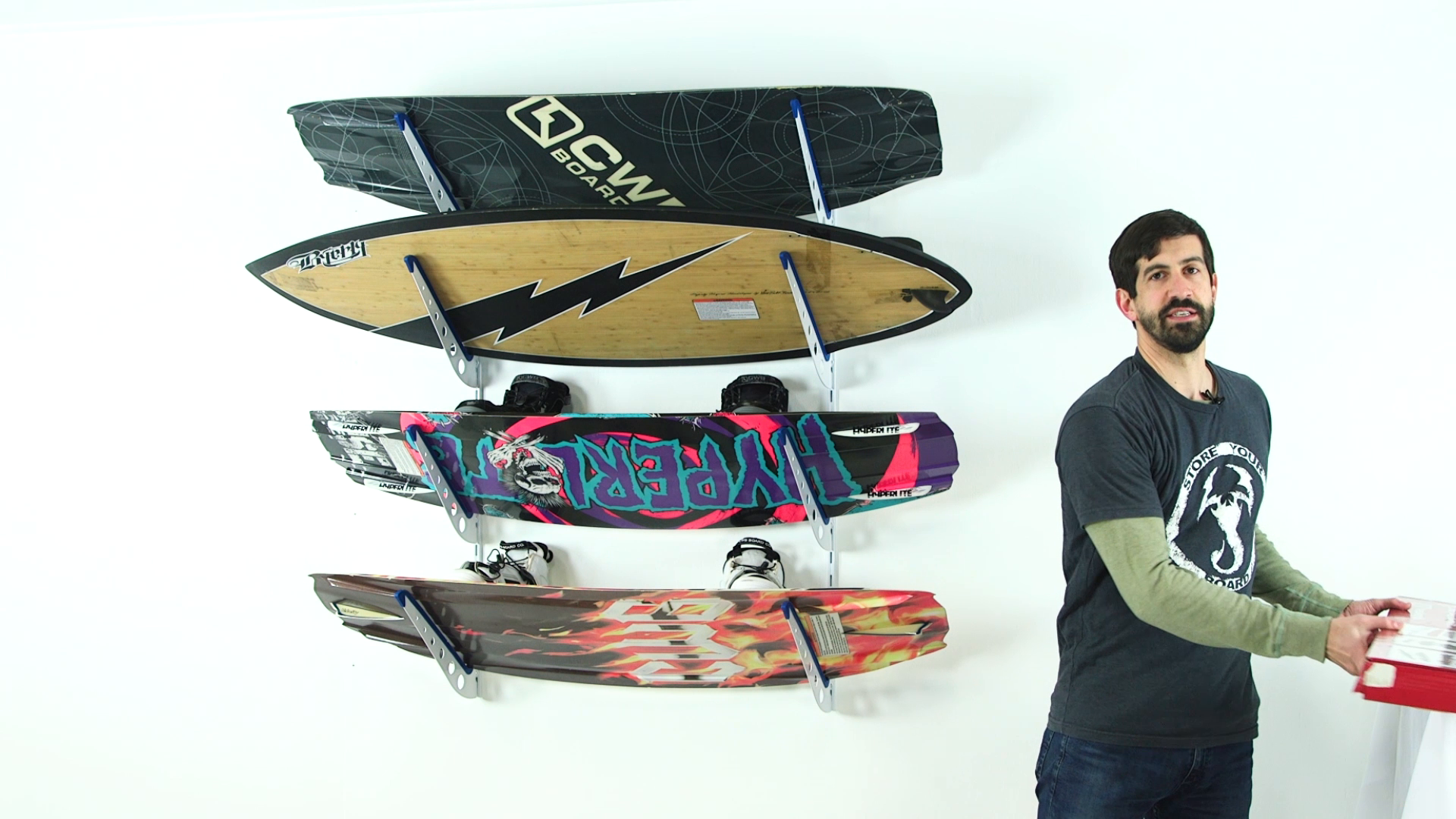 StoreYourBoard Avon Wakeboard Storage Rack, 2 Level Wall Mount Water Ski And Wake Surf Board Organizer Natural Wood And Solid Steel Holds 100 Lbs