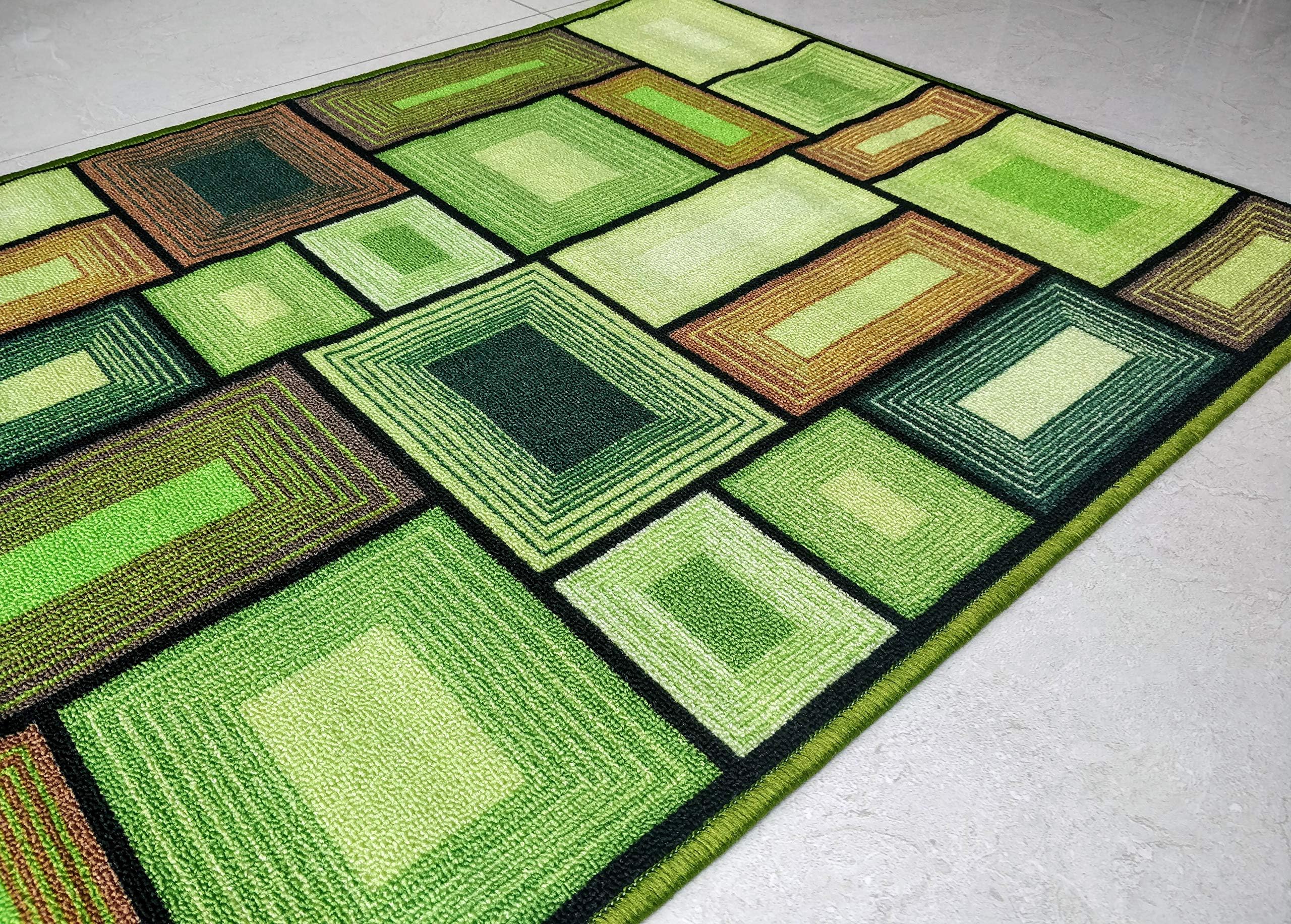BuyElegant Green Blocks Anti Slip Area Rug/Carpet Super Absorbent 100% Polyester and Eco Friendly Latex back easily cleaned 120 x 80 cms