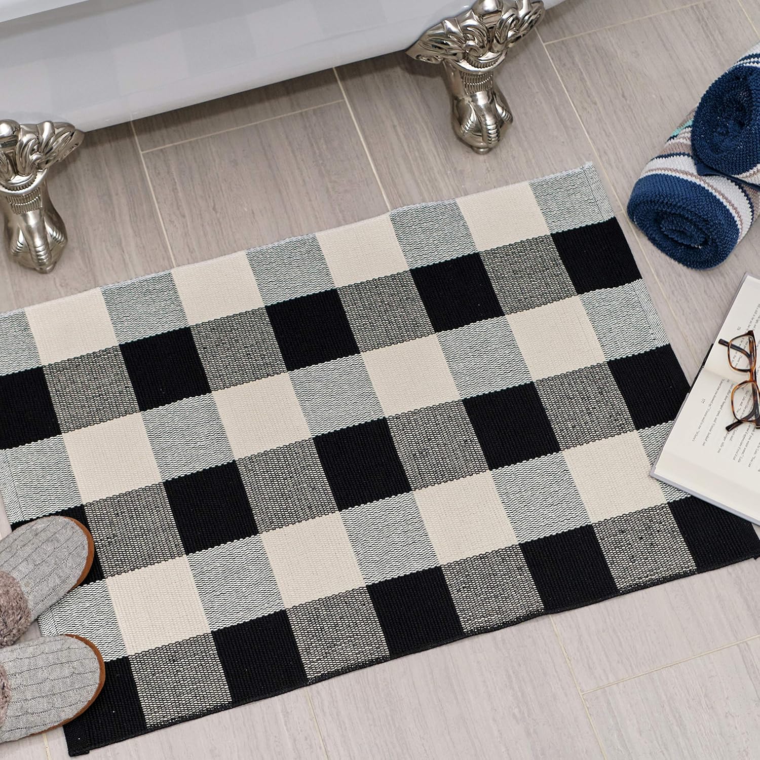Sierra Concepts 2-Pack Buffalo Plaid Check Rug Door Mat, 35" x 24" Cotton Black/White Indoor Outdoor Layered Front Porch Décor Area, Farmhouse Checkered Rugs Woven - Floor, Laundry, Kitchen, Bathroom: Kitchen & Dining