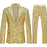 MOGU Men's Sequins Suit 2 Piece Shiny Dress Suit Sparkly Gold Silver Stylish Tuxedo Set for Party Wedding Dinner