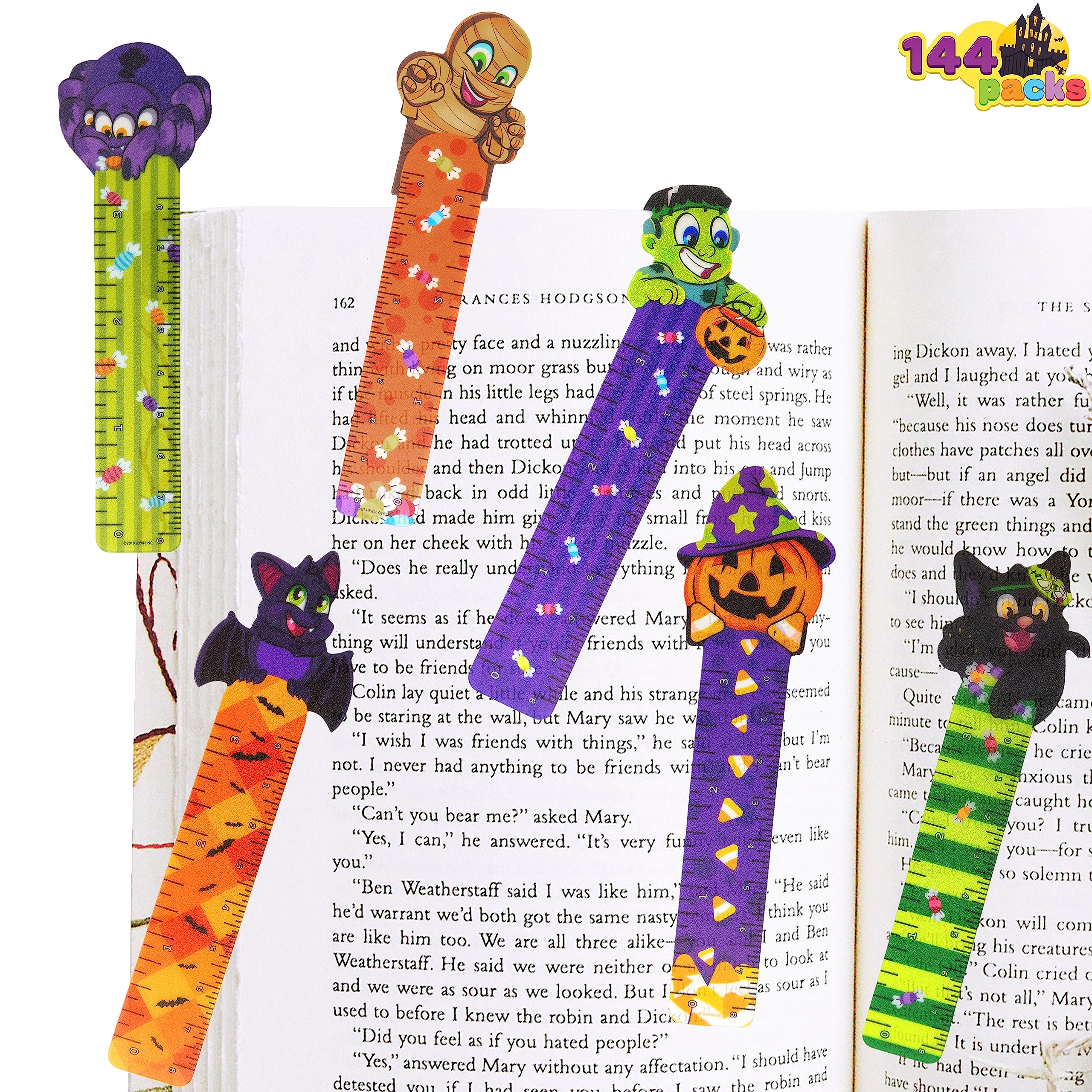 JOYIN 144 PCs Halloween Bookmark Rulers Party Favor Pack (6 Designs) with Halloween Themed Prints for Holiday Decorations, Goodies, Halloween Party Décor, Classroom Rewards, and Trick or Treat Prizes