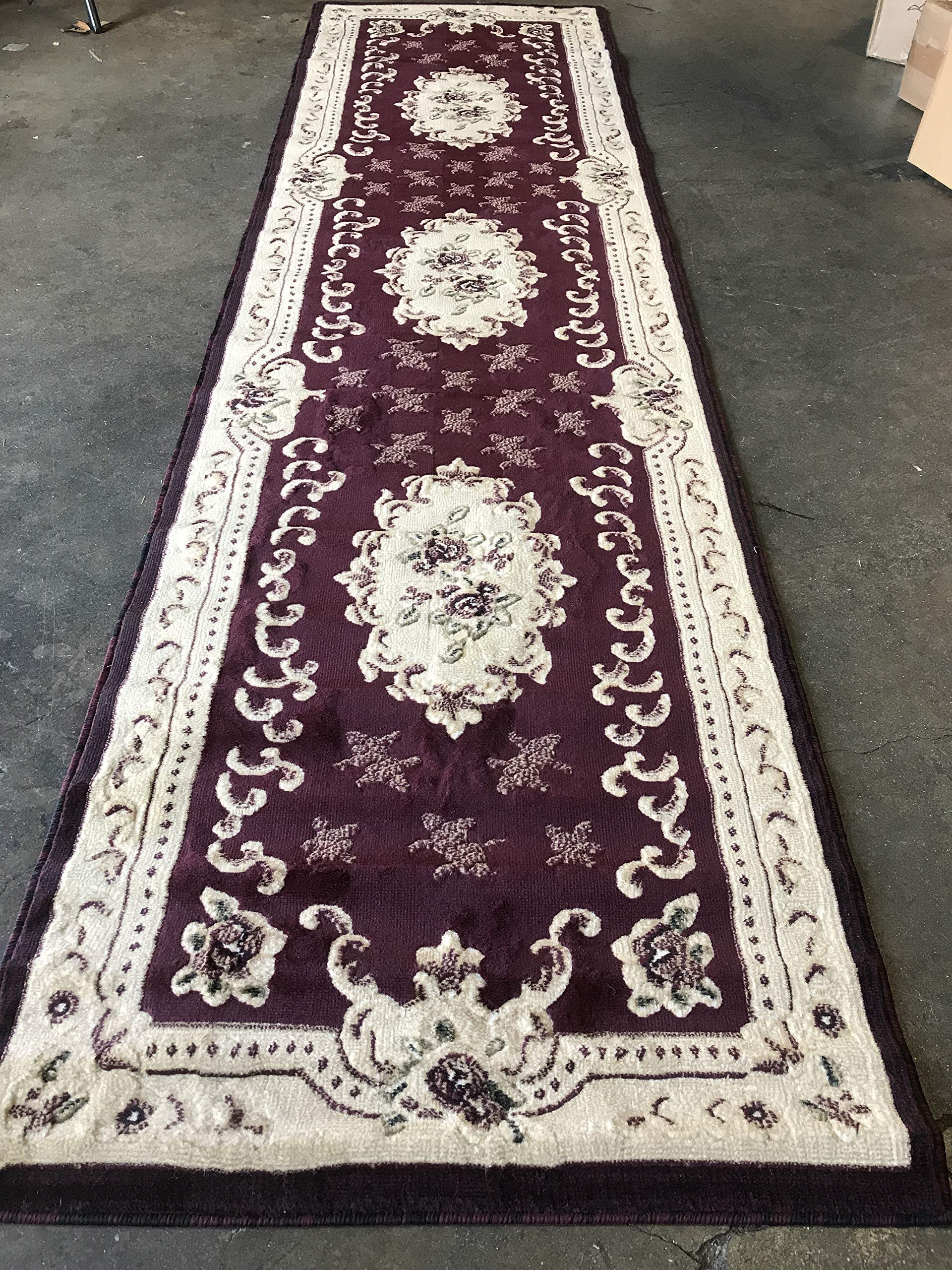 Traditional Long Aubusson Persian Floral Runner Rug Burgundy Green