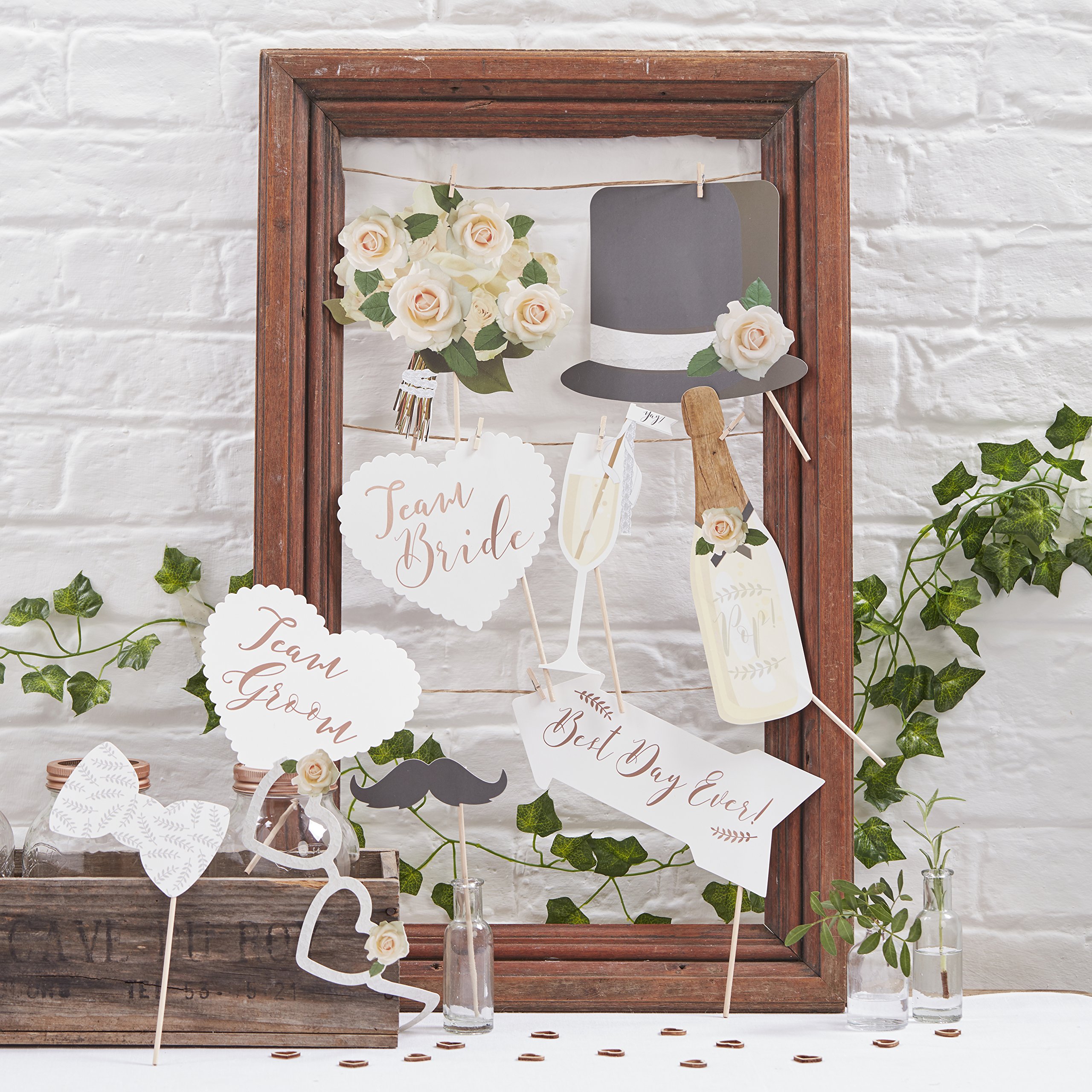 Ginger Ray Photo Booth Wedding Rose Gold Mr & Mrs/Party Props Kit - Beautiful Botanics
