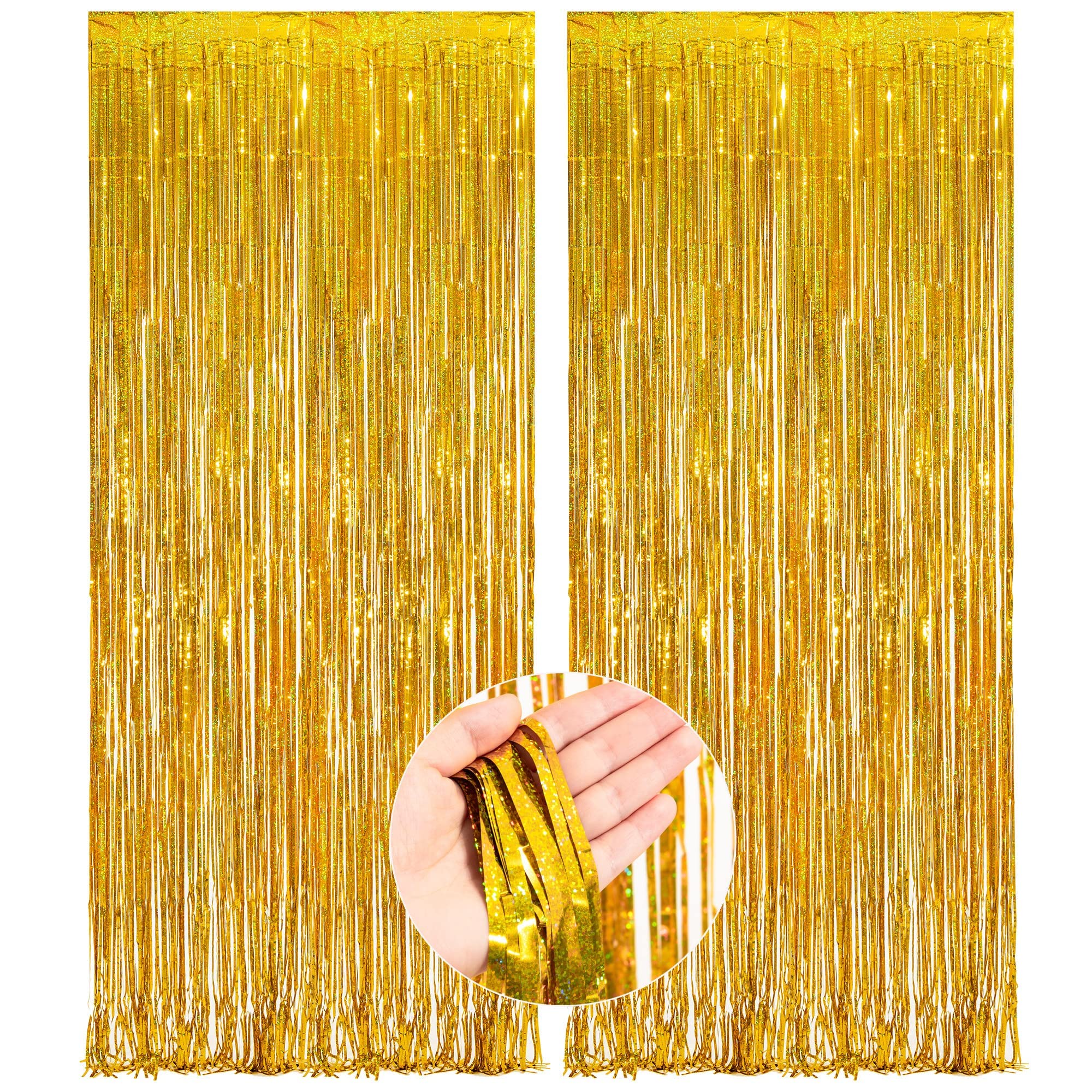 MALANKU Gold Tinsel Metallic Foil Fringe Curtain Backdrop, 2Pack 3.2ft x 8.2ft Tinsel Doorway Wall Decorations for Birthday Graduation Bachelorette Baby Shower Party