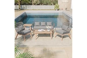 Kullavik Outdoor Patio Furniture Set,5 Pieces Indoor Rope Woven Sectional Sofa Set Modern Oak Patio Conversation Sets with Wooden Table for Balcony,Porch or Backyard,Grey