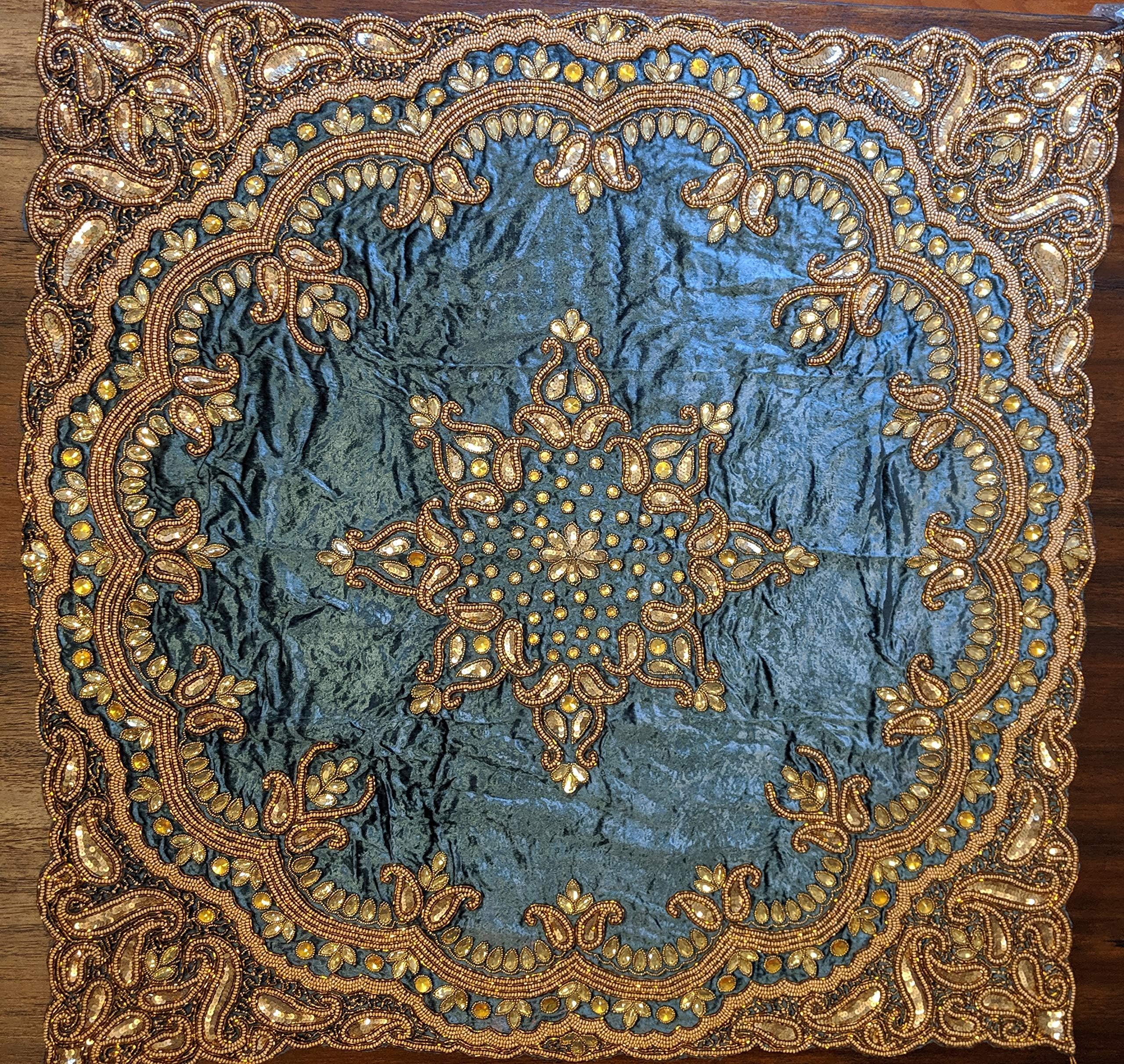 Pasargad Blue Gold Sequin Beaded Tablecloth Handmade Persian Elegant Luxury Decorative Embellished Table Cover