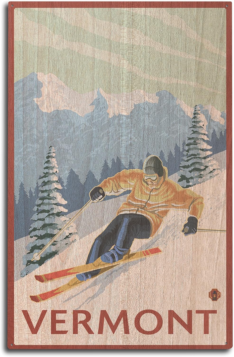 Lantern Press Vermont - Downhill Skier Scene (10x15 Wood Wall Sign, Wall Decor Ready to Hang)