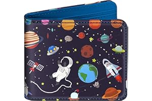 Funermei Cute Wallet for Teen Boys Leather Bifold Wallet Girls Cool Cartoon Space Planet Astronaut Credit Card Holder RFID Blocking Id Cash Slim Small Bi Fold Wallets with Coin Pocket Teens Little Boy