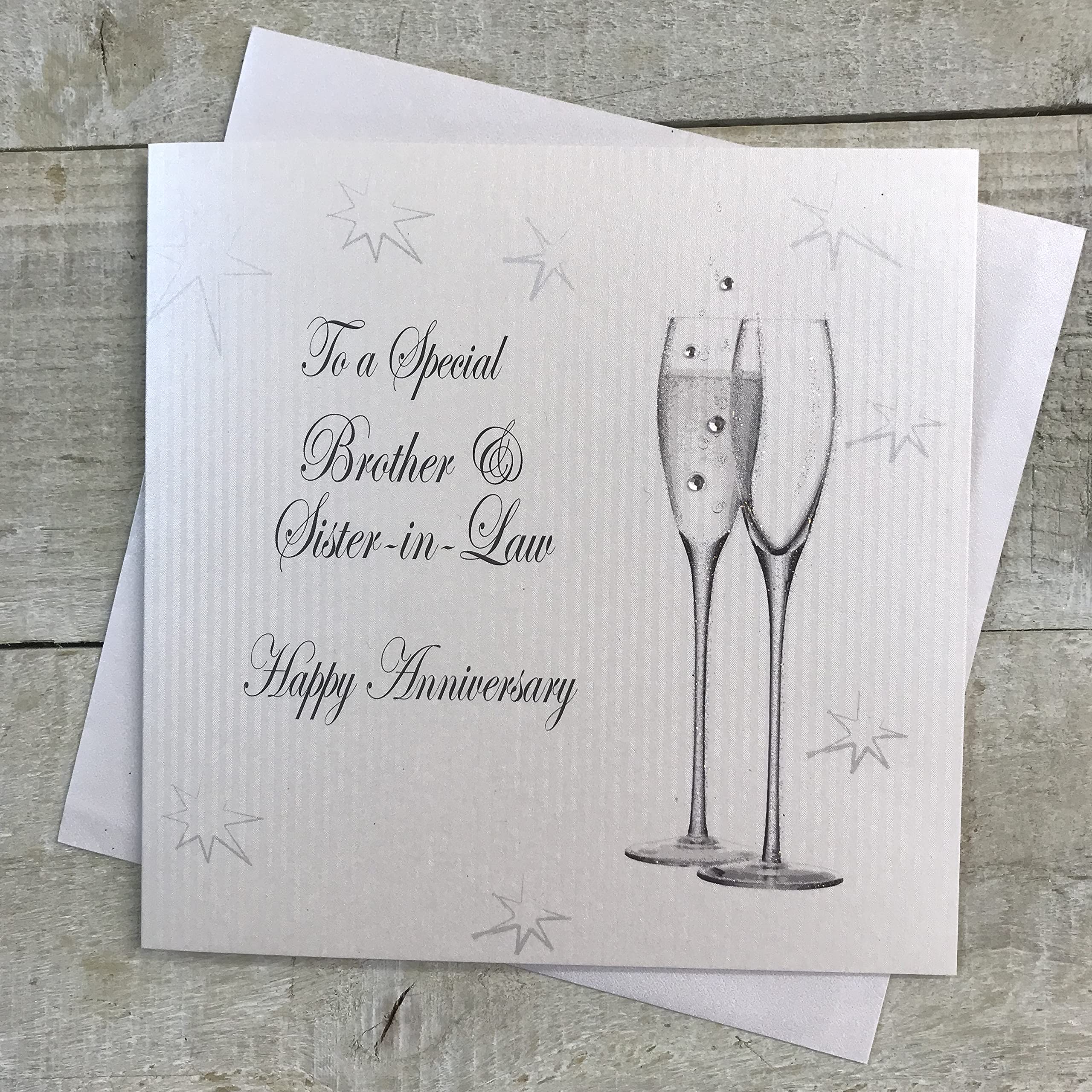 WHITE COTTON CARDS Happy Anniversary Handmade Card to a Special Brother and Sister-in-Law with Champagne Glasses, White, BD76, 16cm X 16cm