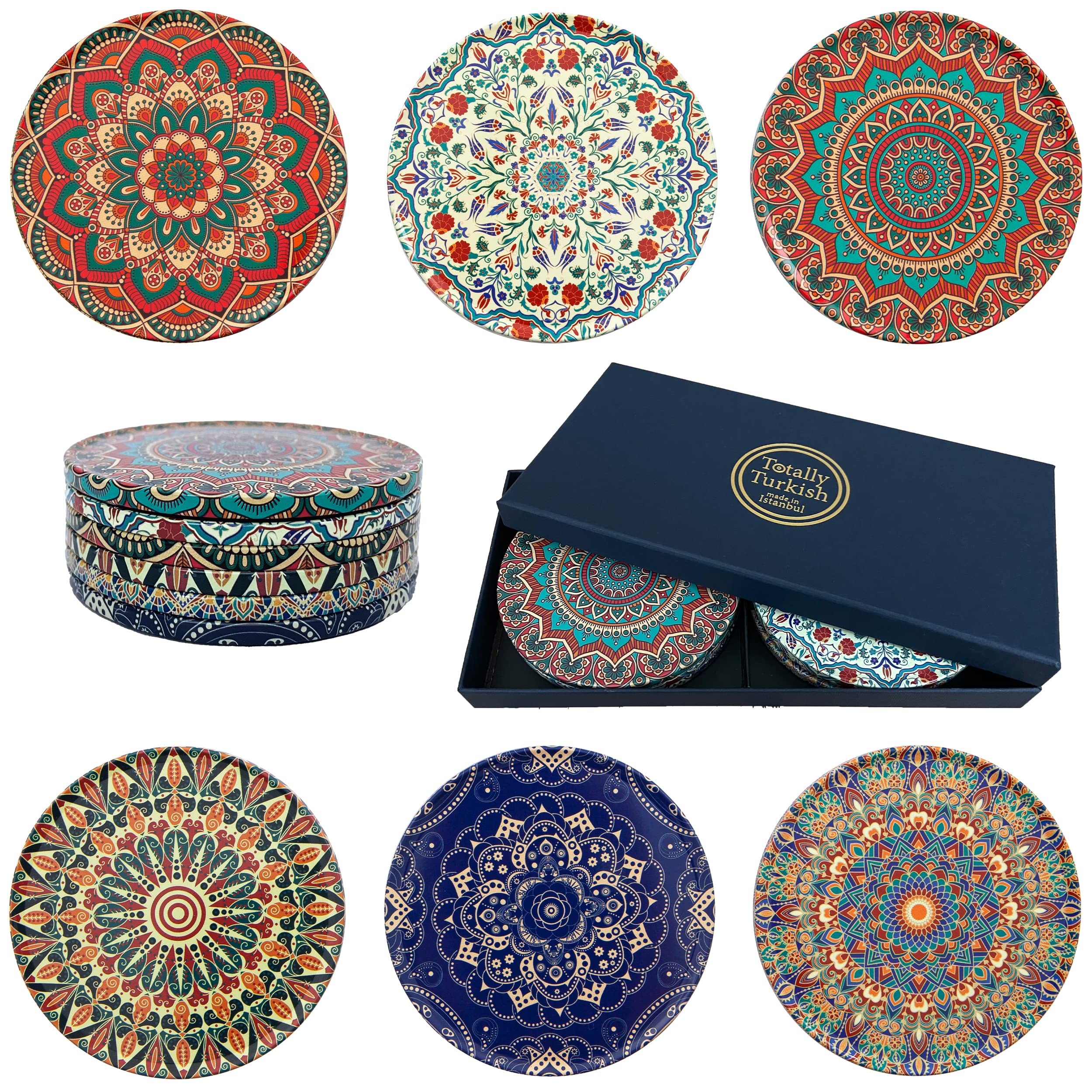 Totally Turkish – Patterned Drink Coasters Set of 6 – Giftable Design Drinks Mat Set – Non-Scratch Top & Non-Slip Cork Base (Anatolia)