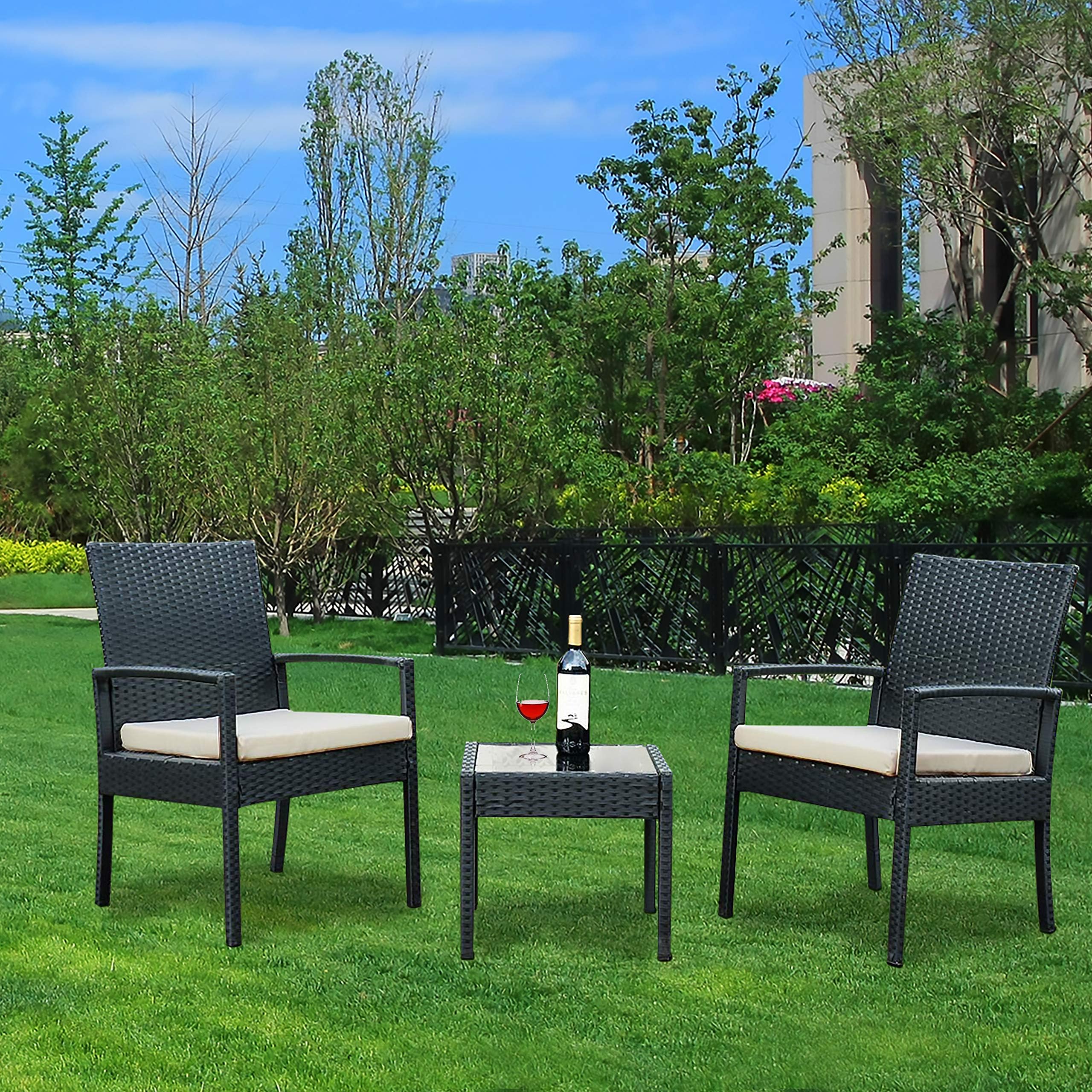 YOUKE Rattan Wicker Garden Furniture Set 3 Piece Patio Outdoor Rattan Patio Set Includes Cushion One Glass Table