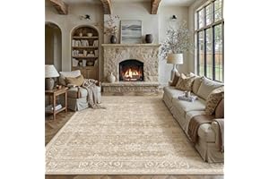 WondRg 8x10 Washable Area Rug for Living Room Bedroom Beige Neutral Farmhouse Carpet Low Pile Soft Thin Tapis Salon Non-Slip 