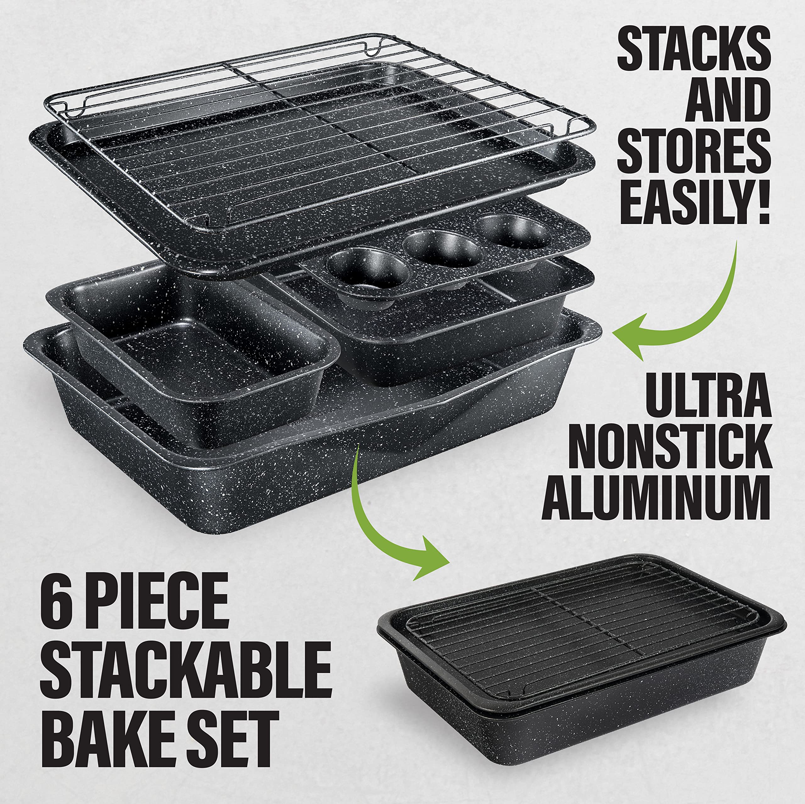 Granitestone Black 5 Pc Nonstick Bakings Pans Set With Cookie Sheet, Loaf Pan, Muffin Pan and Cake Pans, 0.8MM Gauge Alumized Steel, Bakeware Sets, Oven and Dishwasher Safe