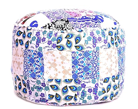 Multi Color Patchwork Cotton Footstools Pouf Ottoman Cover by Handicraft-Palace