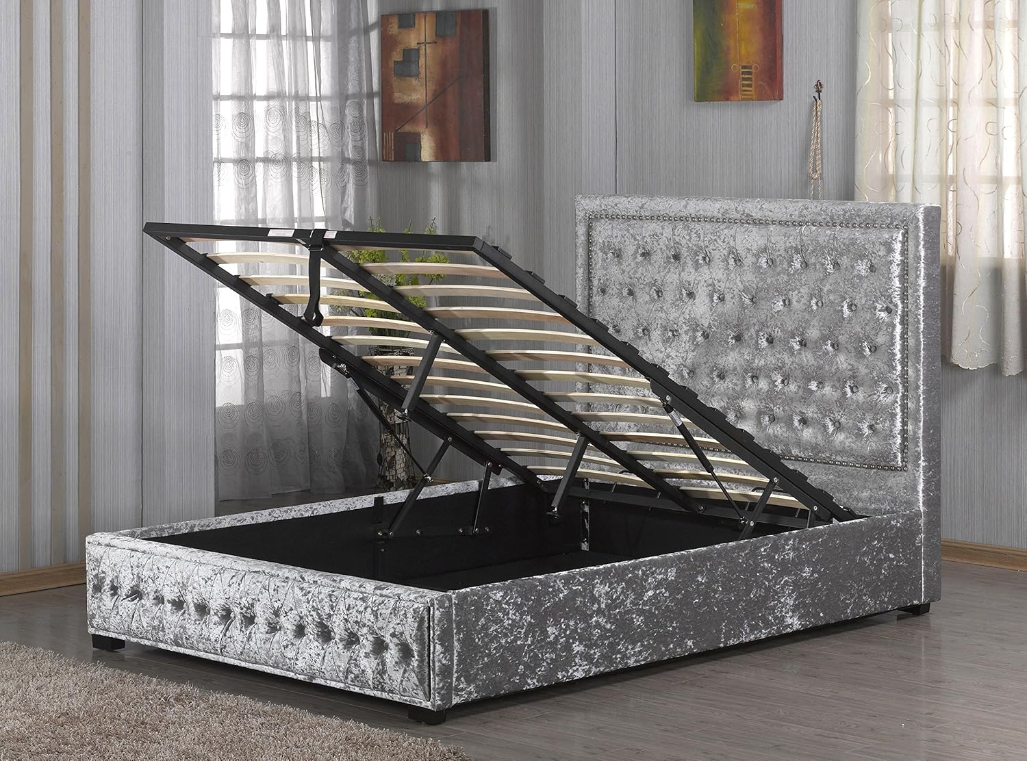 Silver Crushed Velvet Ottoman Style Bed Frame 5ft Kingsize Amazon.co