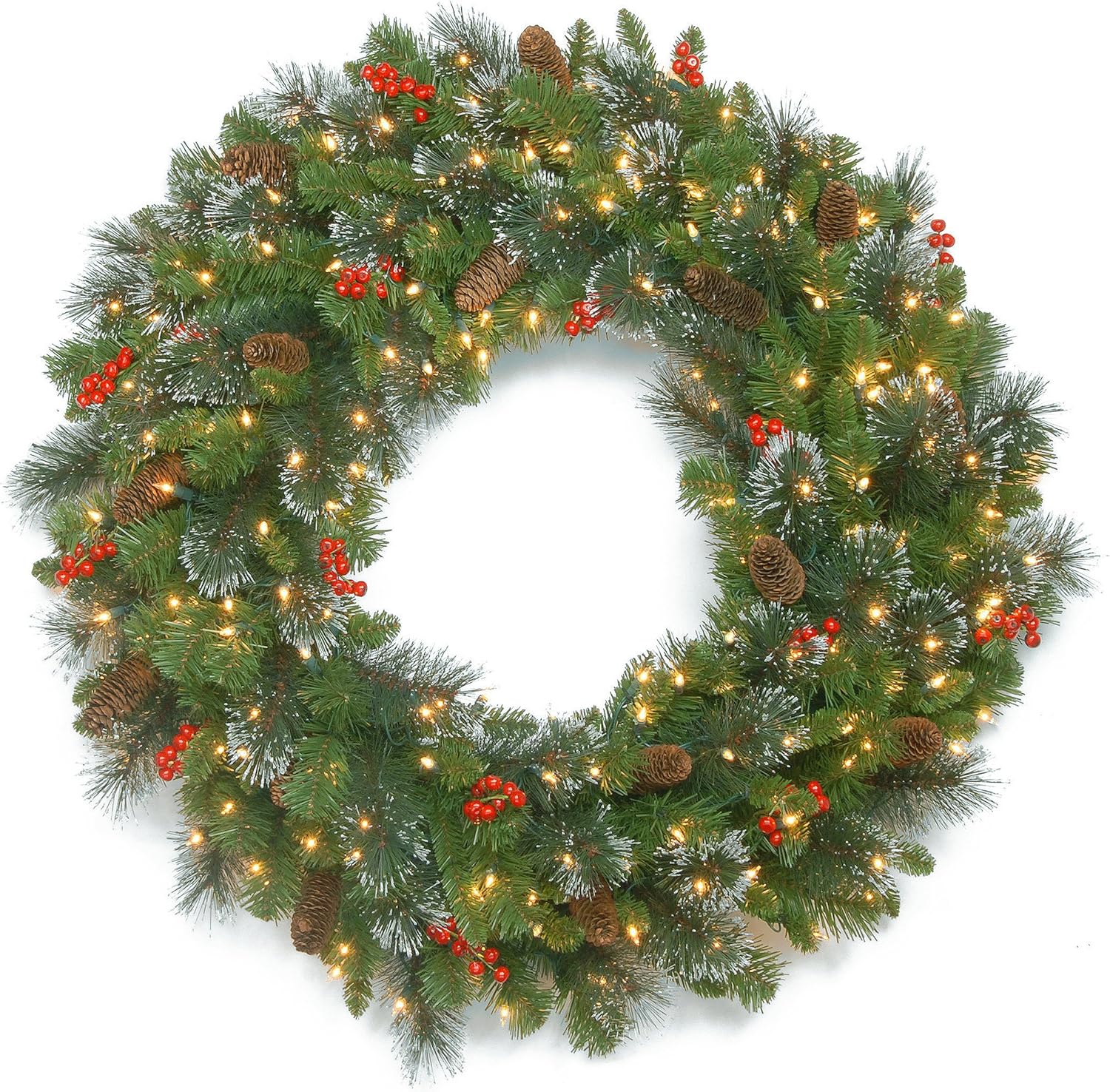 National Tree 30 Inch Crestwood Spruce Wreath with Silver Bristles, Cones, Red Berries and 70 Battery Operated Warm White LED Lights with Timer (CW7-306-30WBC1)