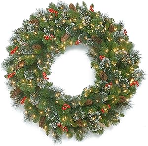 National Tree 30 Inch Crestwood Spruce Wreath with Silver Bristles, Cones, Red Berries and 70 Battery Operated Warm White LED Lights with Timer (CW7-306-30WBC1)
