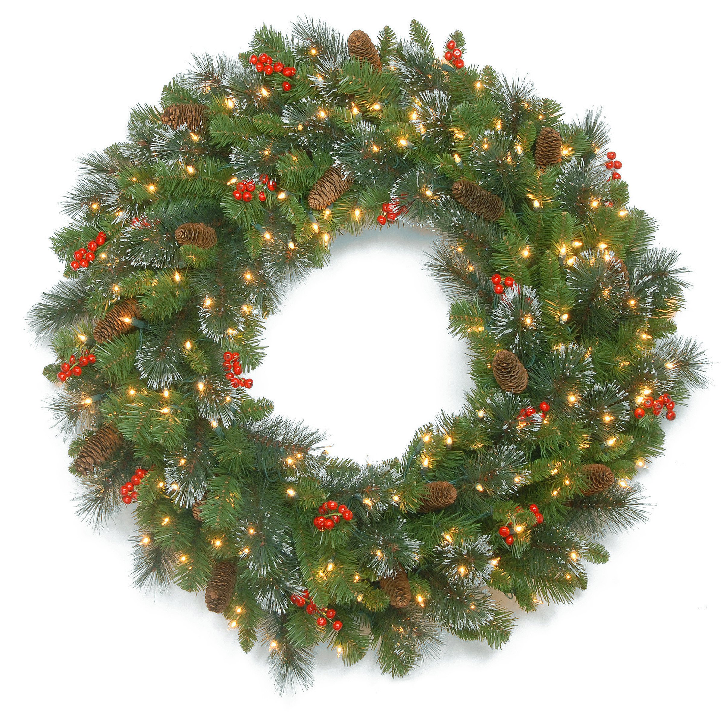 Photo 1 of ***LIGHTS DO NOT WORK***National Tree Company 30 in Pre-Lit Crestwood Spruce Artificial Christmas Wreath, Christmas Decoration with Glitter, Pinecones, Red Berries, 70 Clear LED Lights, 200 Tips, Timer, Green***LIGHTS DO NOT WORK***