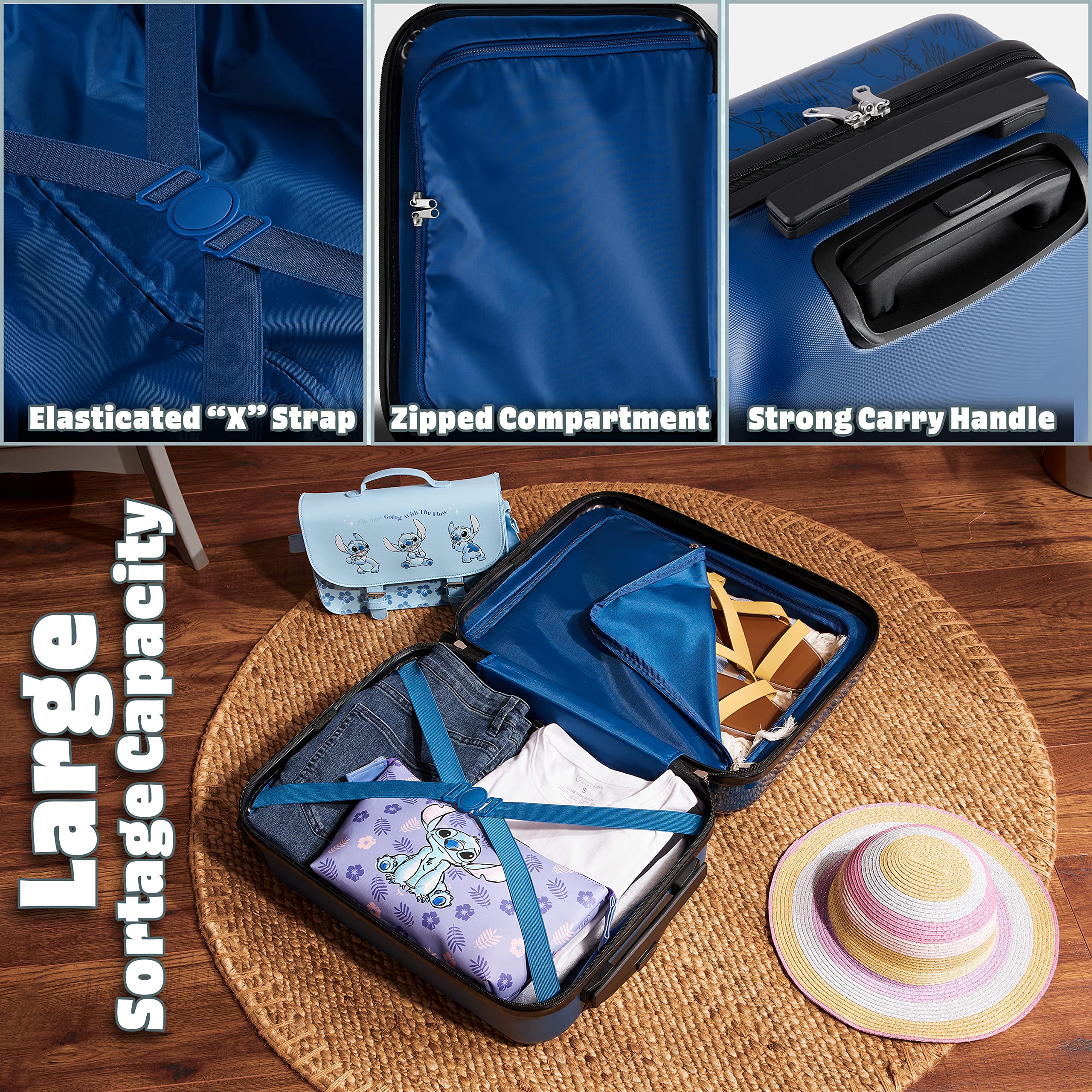 Disney Stitch Suitcase Set or Individual, Hard Shell Suitcase with Wheels 28L, 50L or 91L, 4 Wheels (Navy Stitch Small)