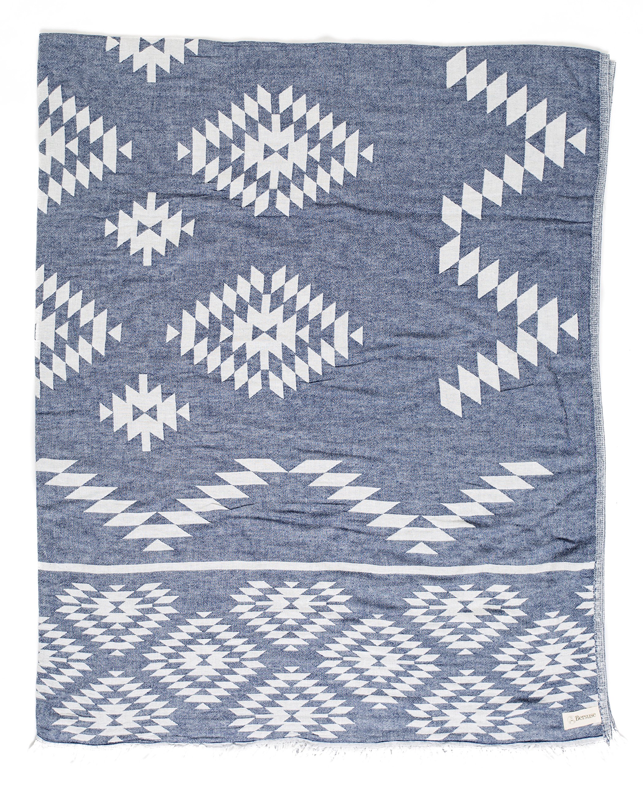 Bersuse 100% Cotton - Teotihuacan XL Throw Blanket Turkish Towel - Dark Blue