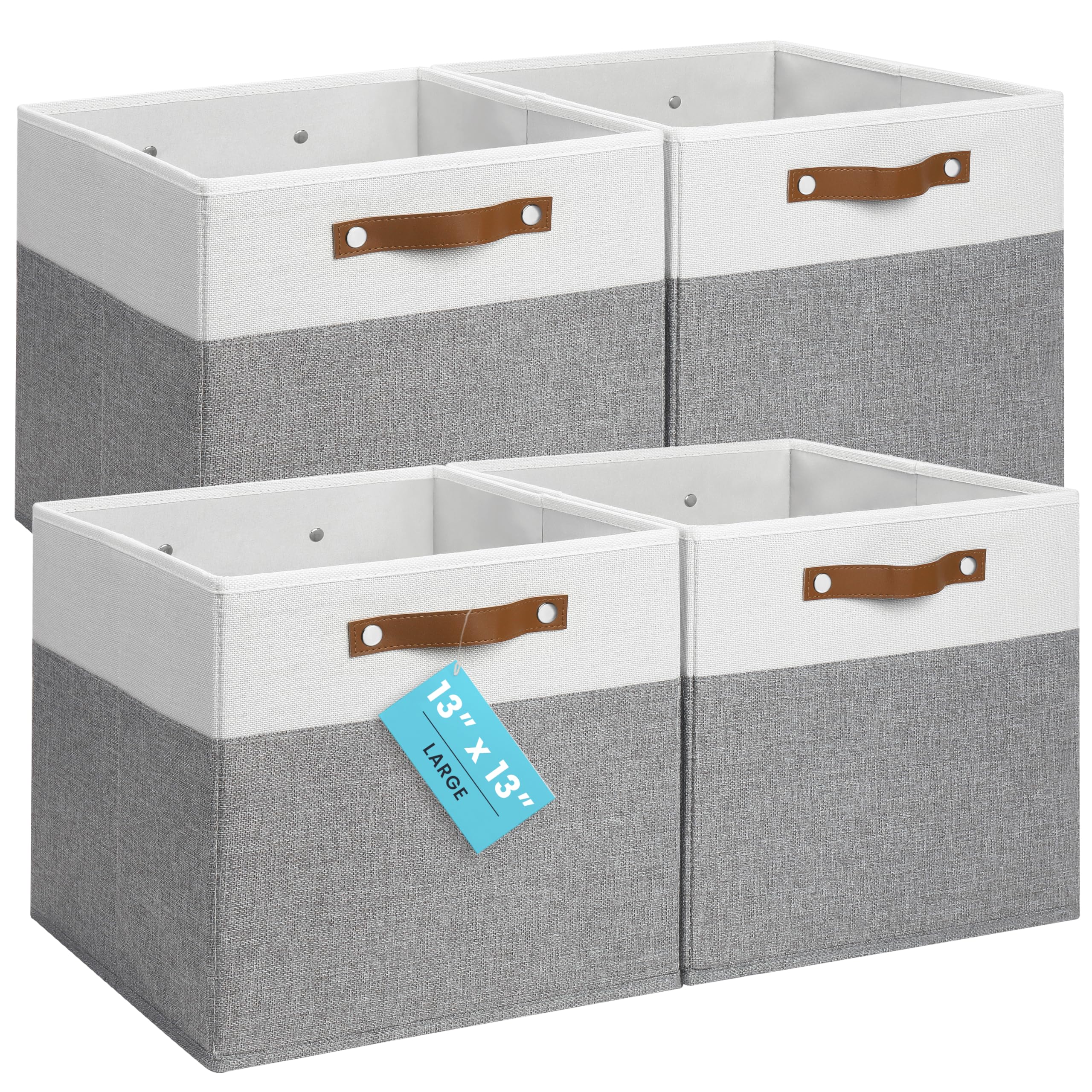 OrganiHaus 13" x 13" x 13" Cube Fabric Storage Bins Set of 4, Fabric Storage Cubes w/ Vegan Handles, 13 inch Collapsible Bins for Clothes & Toys Organizer, 13x13 Basket for Decor - Grey/White Image