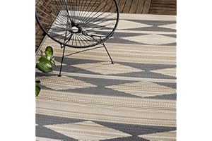 Fab Habitat Outdoor Rug - Waterproof, Fade Resistant, Crease-Free - Premium Recycled Plastic - Geometric Tribal - Patio, Deck, Porch, Balcony, Laundry Room - Cairo - Natural & Black - 4 x 6 ft