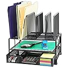 SimpleHouseware Mesh Desk Organizer with Sliding Drawer, Double Tray and 5 Upright Sections, Black