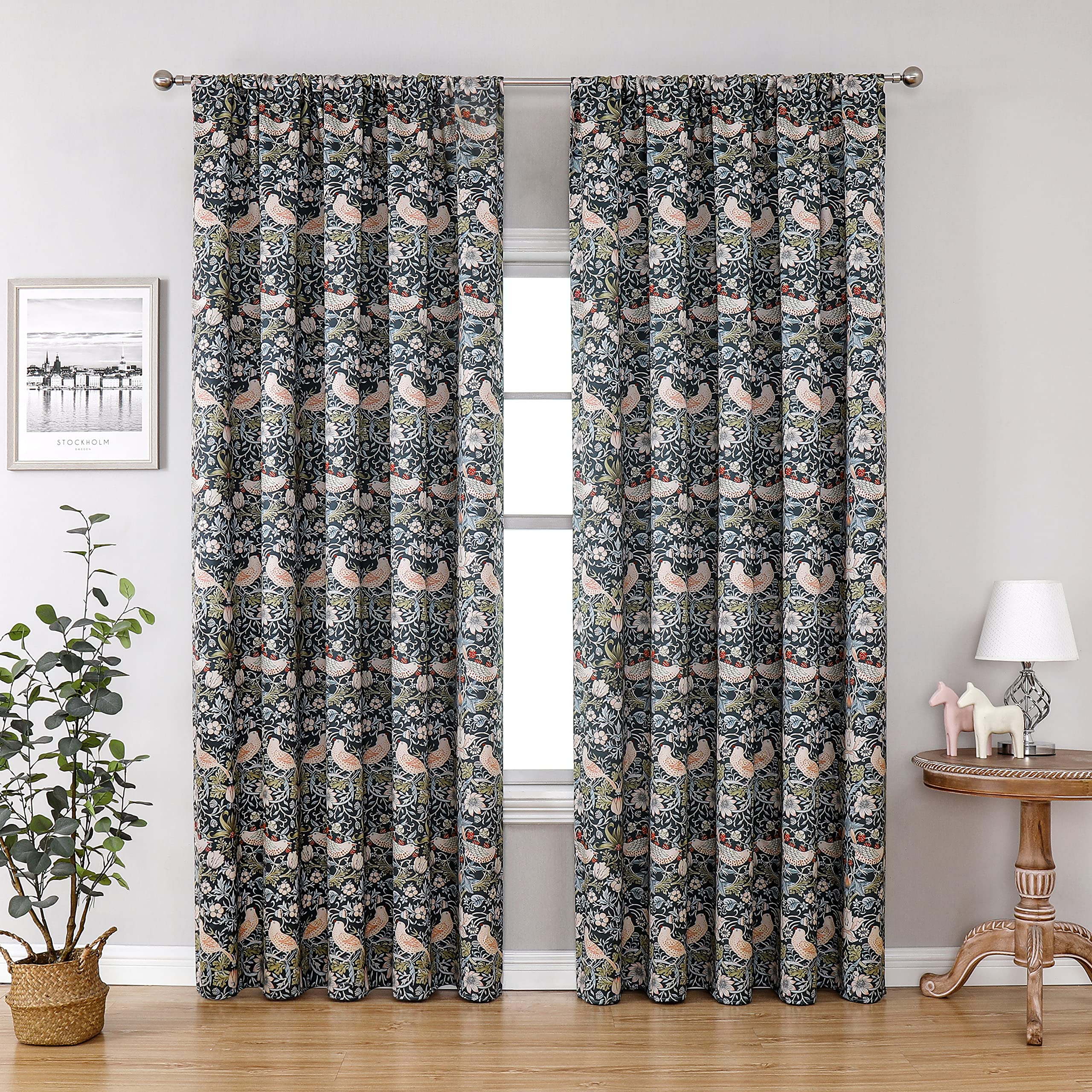 Obal William Morris Blackout Curtains Original Design Rod Pocket Curtains Extra Long Thermal Room Darkening Curtains for Bedroom Living Room, 46" x 90" Drop, Green Strawberry Thief (2 panels)