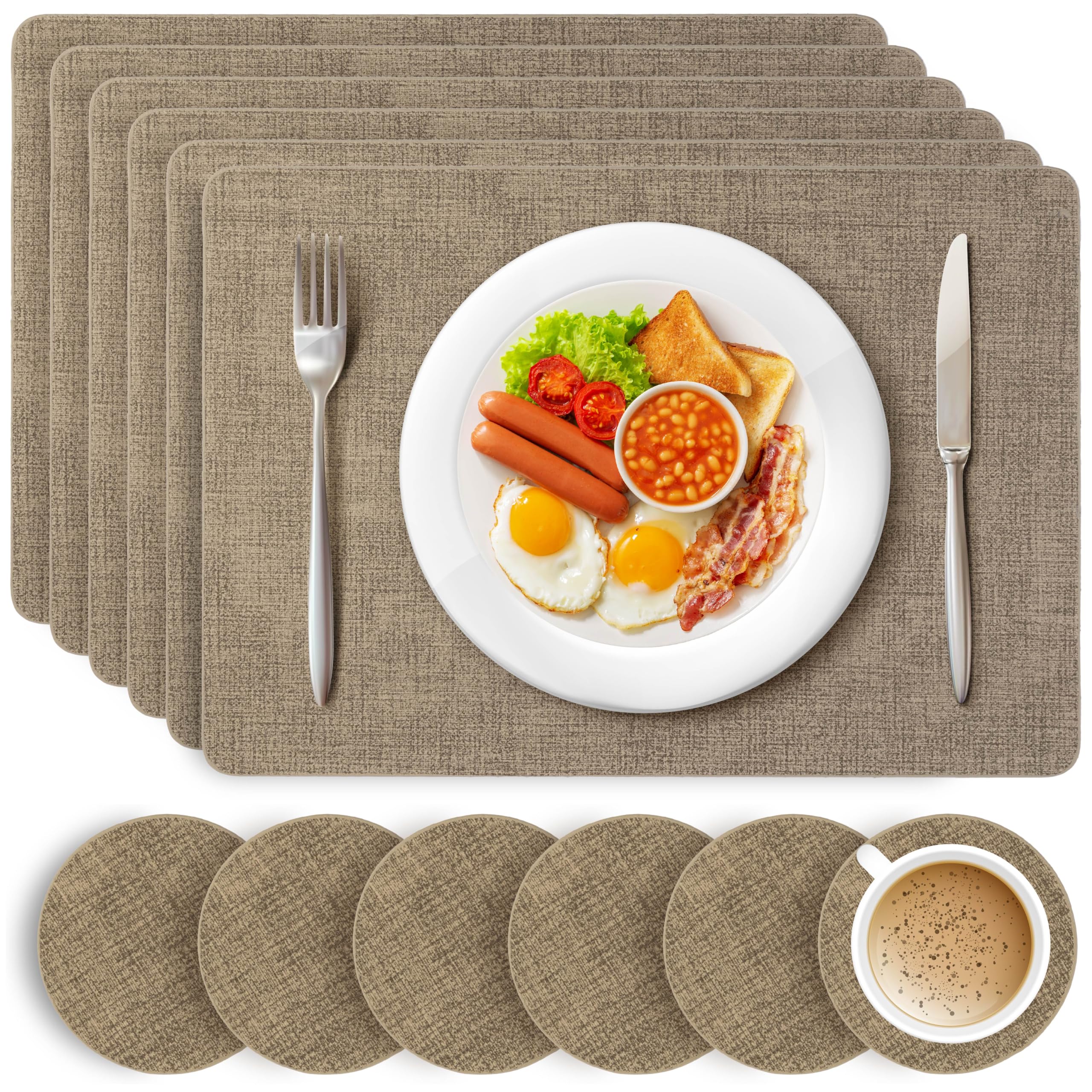 HEFTMAN Gold Placemats and Coasters - Set of 6 Large PU Leather Coasters and Place Mats for Table, Heat Resistant up to 100℃, Stain Resistant Wipe Clean Placemats, 43cm x 30cm