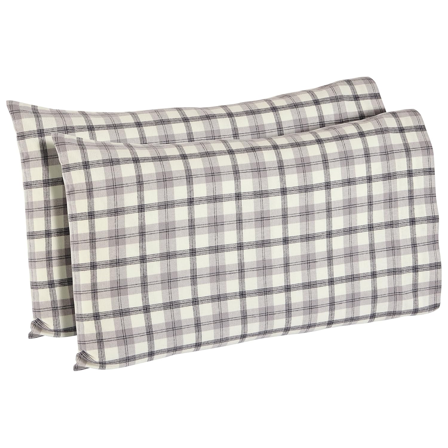 Stone & Beam Rustic Plaid 100% Cotton Flannel Yarn-Dyed Pillowcase Set, Easy Care, Standard, Black and White