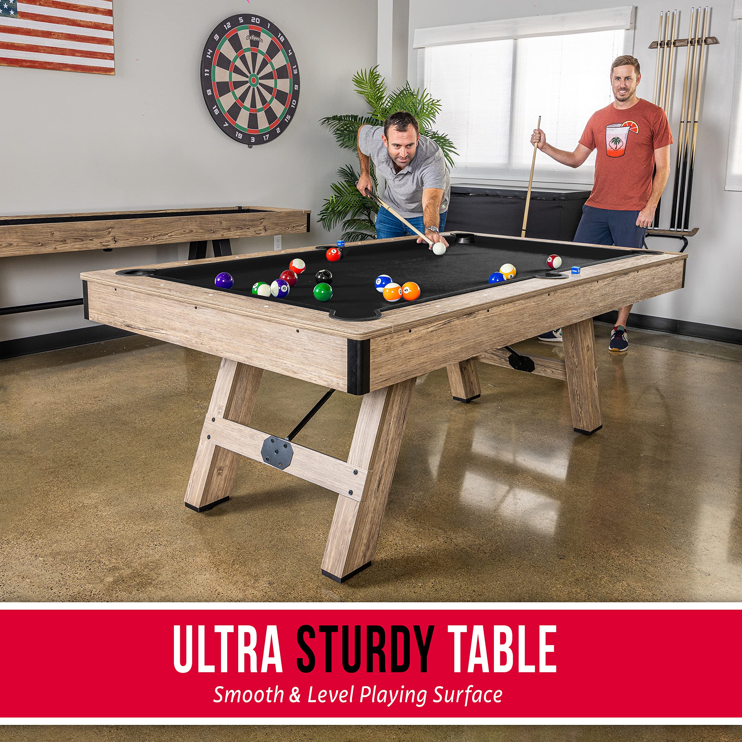 GoSports 7 ft Pool Tables with Wood Finish - Choose Your Style - Modern Billiards Table with 2 Cue Sticks, Balls, Rack, Felt Brush and Chalk
