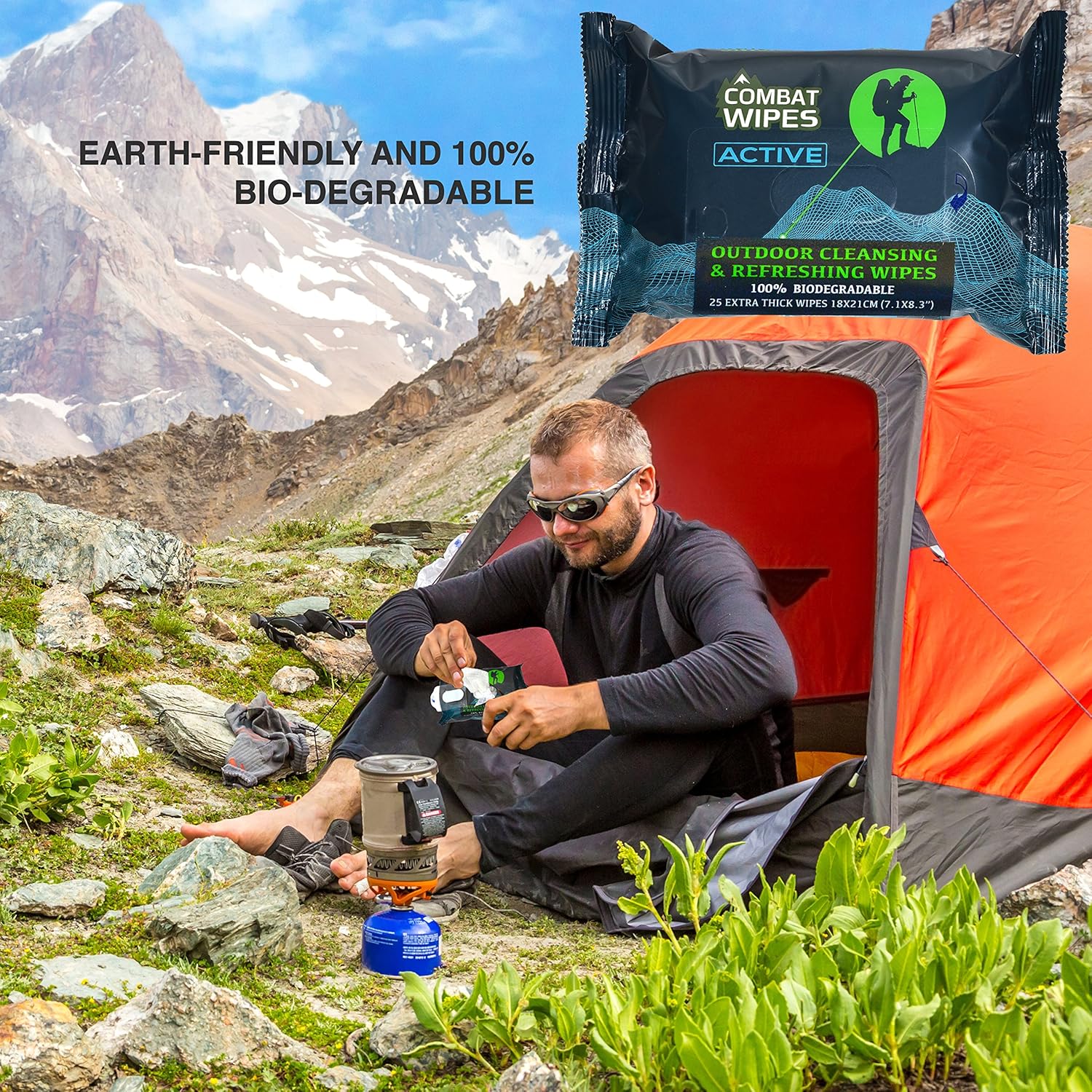 Combat Wipes Active Outdoor Wet Wipes | Extra Thick, Ultralight, Biodegradable, Body & Hand Cleansing/Refreshing Cloths for Camping, Gym & Backpacking w/Natural Aloe & Vitamin E (25 Wipes): Sports & Outdoors