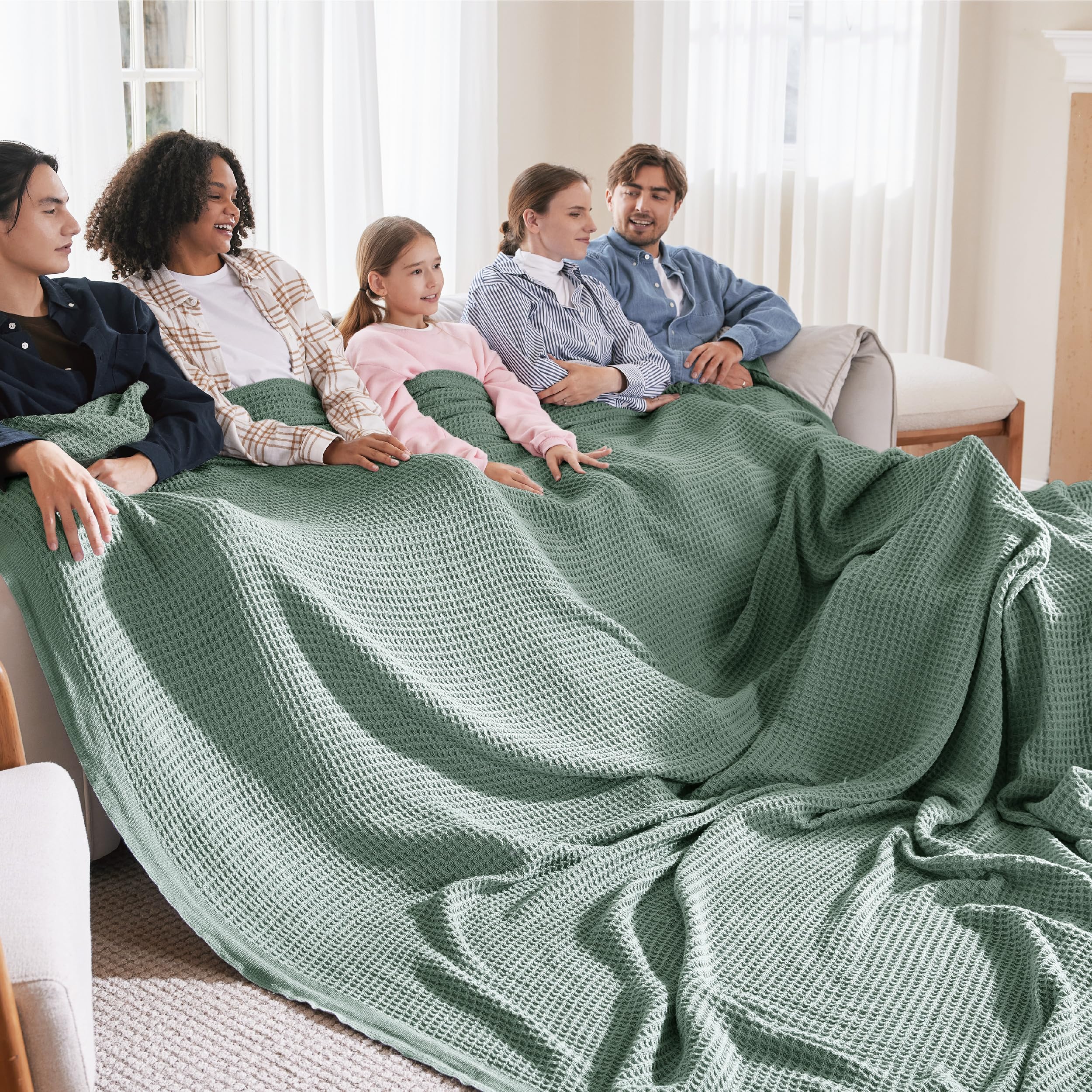 Photo 1 of Bedsure Gentlesoft 100% Cotton Large Blanket Oversized King for Bed - Breathable Thick Waffle Weave Blanket for Summer, Couch Cover, Sage Green, 120x94 inches