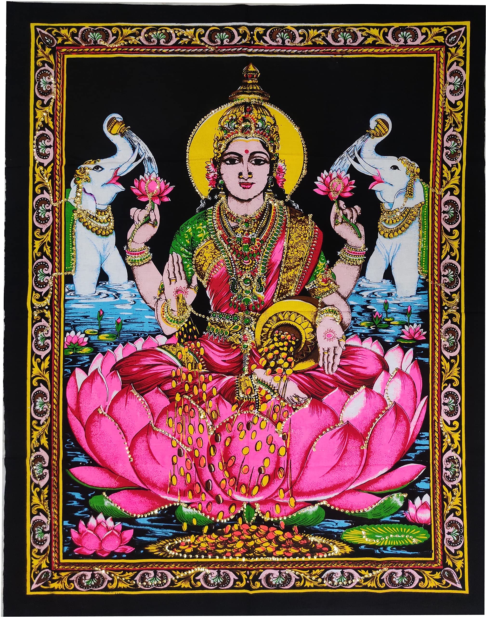 Purpledip Cotton Wall Poster Lakshmi Maha Laxmi: Spiritual Hanging Unframed Sheet, Multicolor (20095)