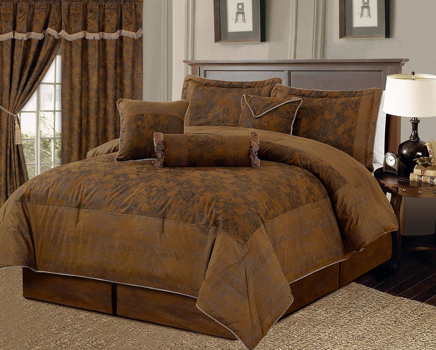 7 Piece Dark Camel Brown Lavish Oversize (94"X92") Comforter Set Micro
