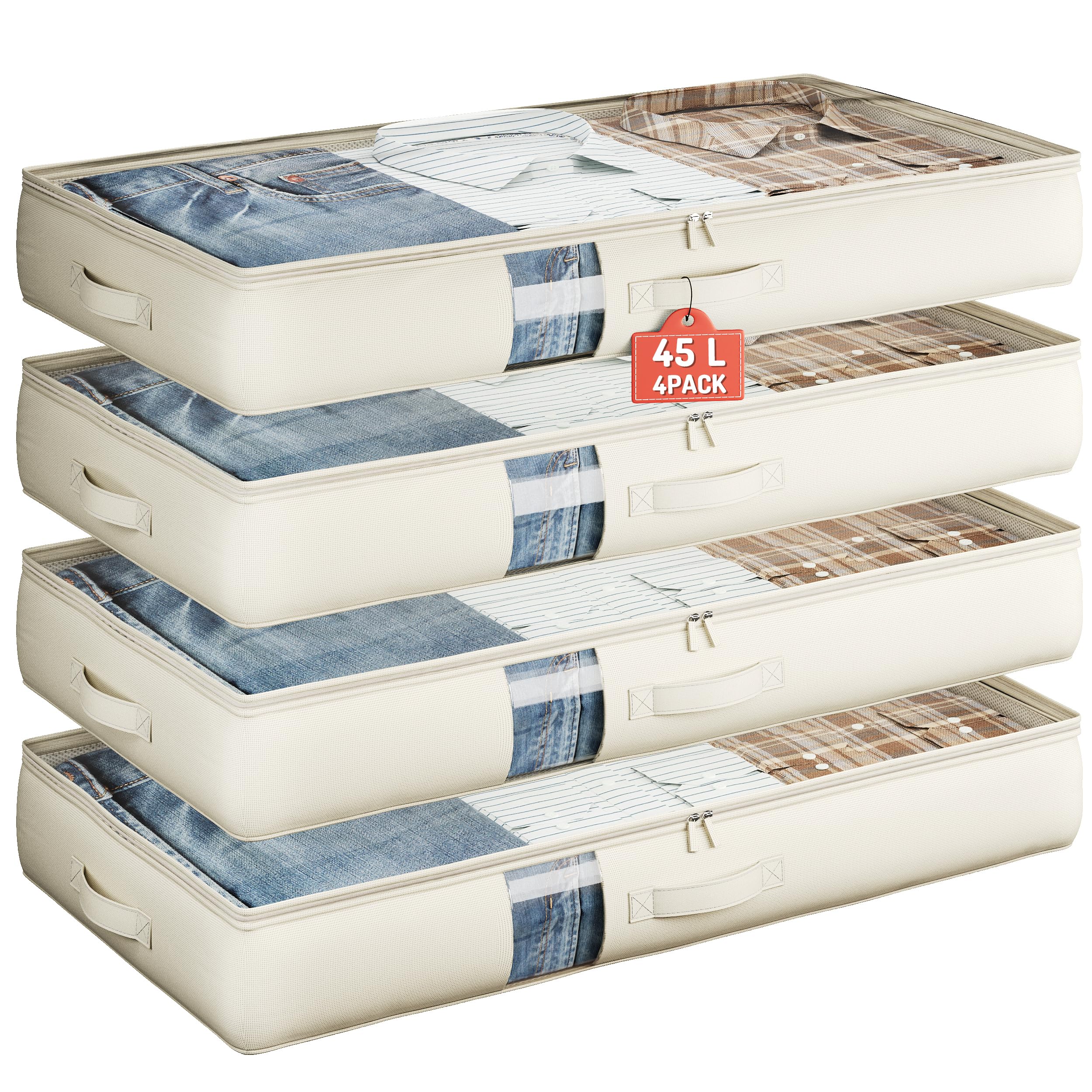 Photo 1 of Soft-Sided Foldable Under bed Storage Bags with Window,No Rigid Frame Closet Organizers,Storage Containers for Blankets, Clothing, Comforter, Collapsible Fabric Design,4 Pack, White Ivory