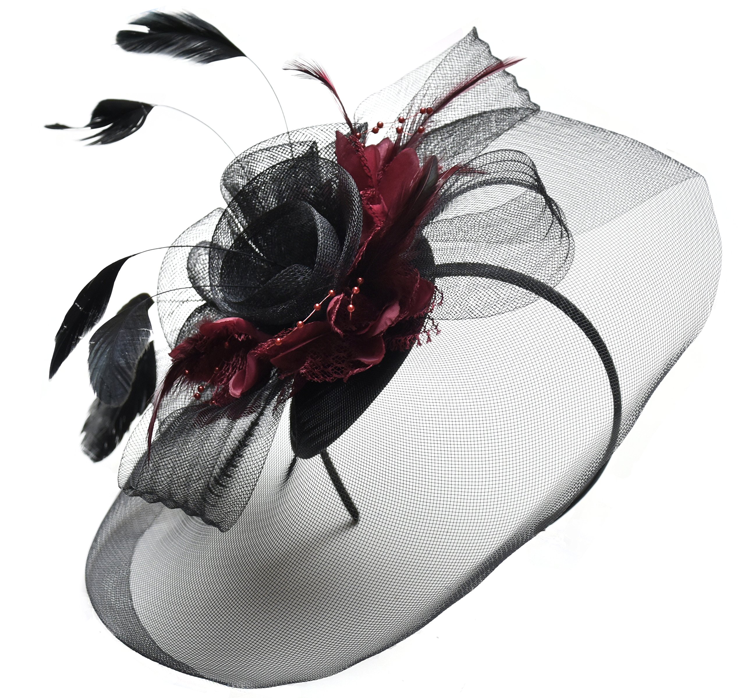 Caprilite Feather Flower Fascinator Hat Veil Net Headband Clip Ascot Derby Races Wedding (Black and Burgundy)